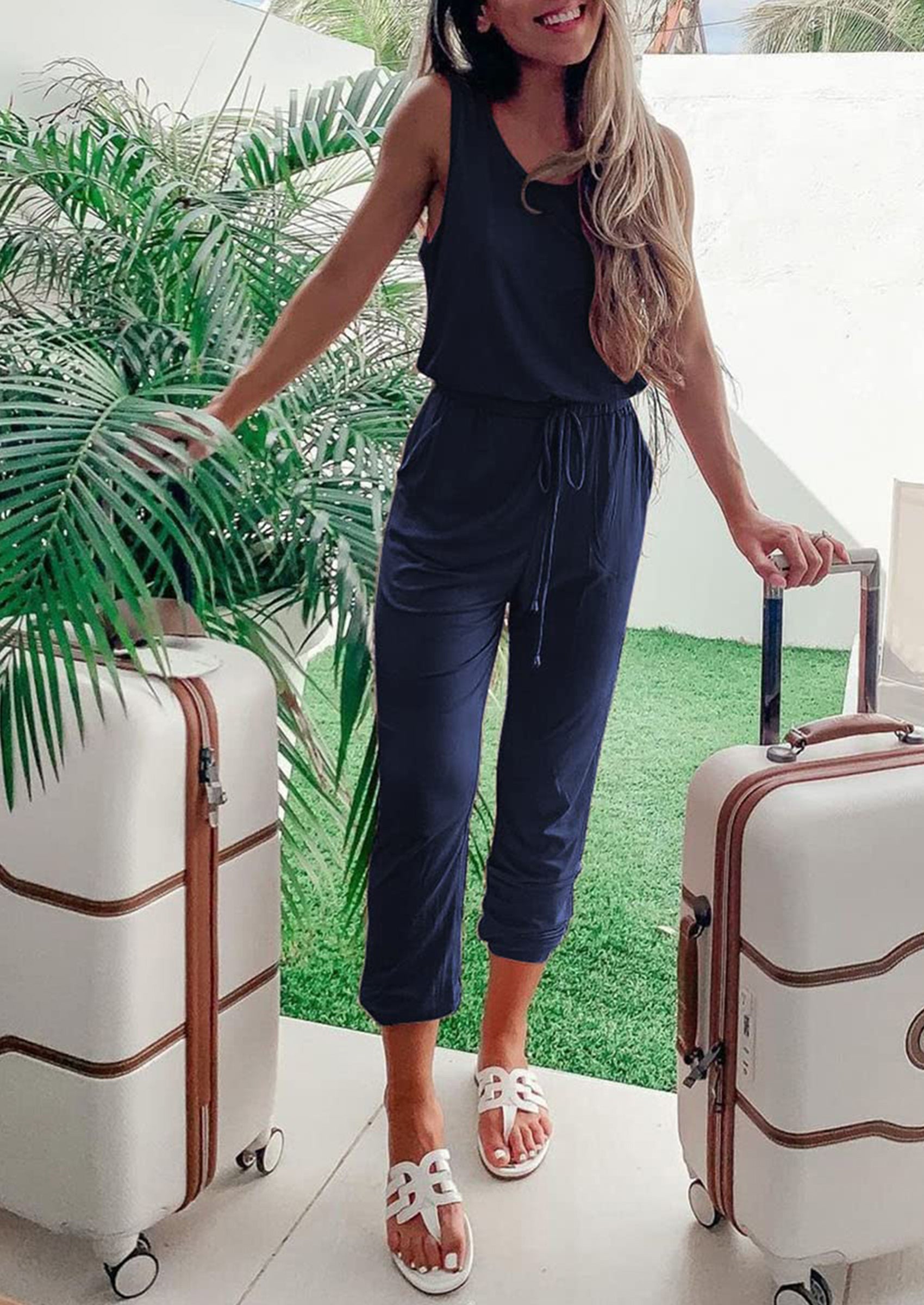 Chichi Two Piece Outfit Sets Casual Sleeveless Crewneck Tops and Sweatpants Navy