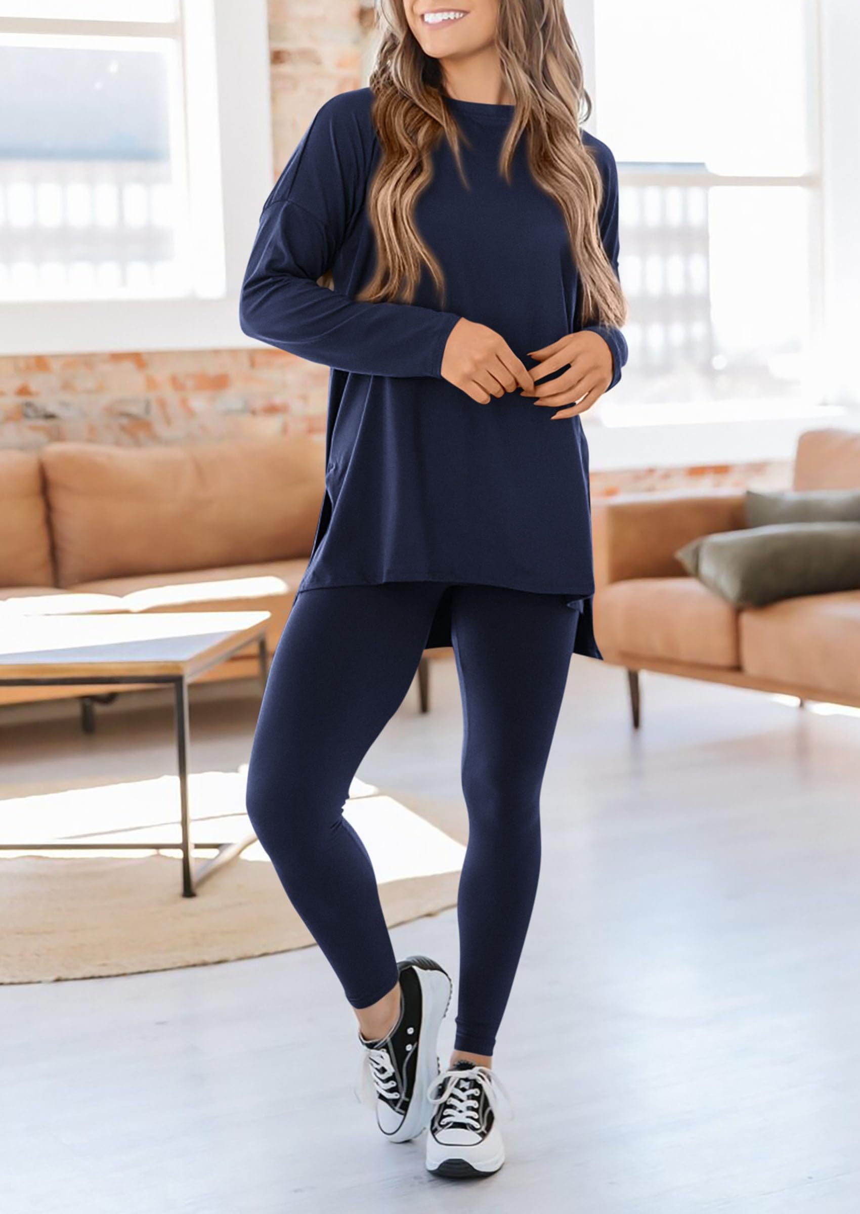 Chichi 2 Piece Outfits Casual Long Sleeve Tunic Tops Legging Pants Lounge Sets Sweatsuits Navy
