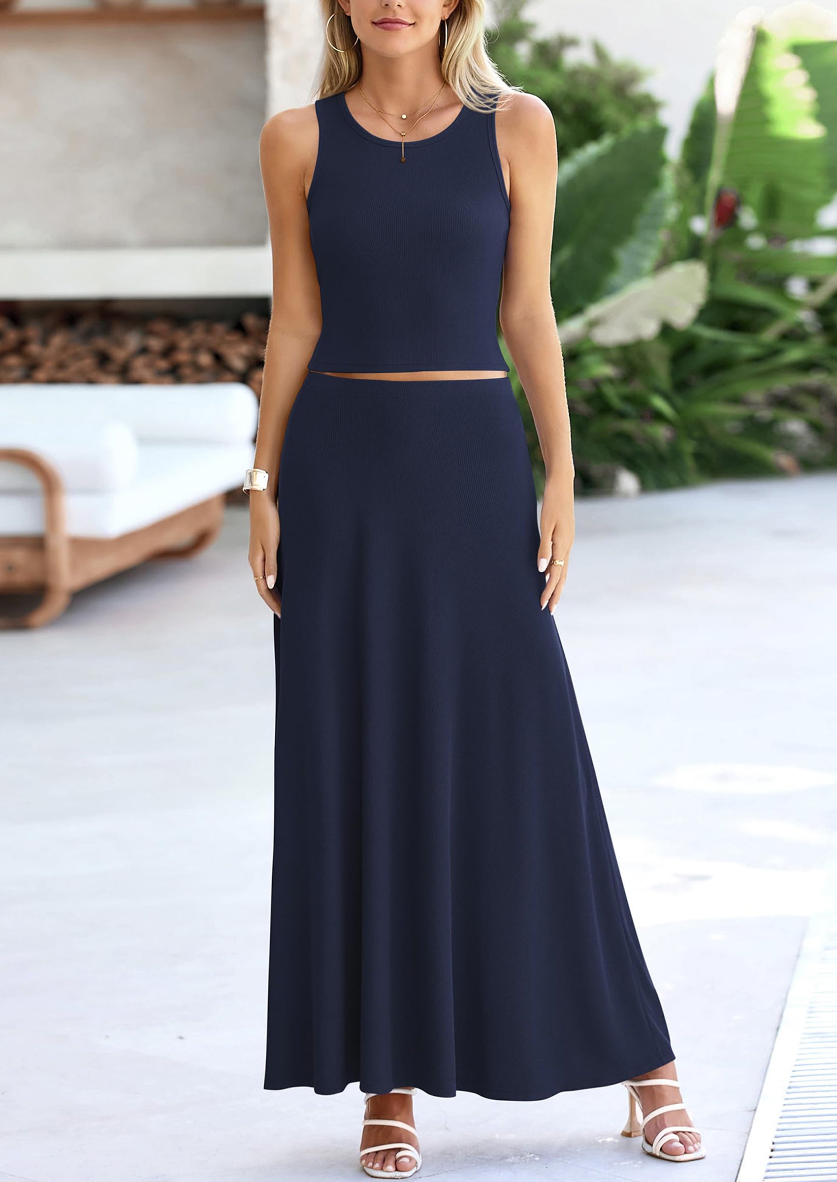 Chichi 2 Piece Maxi Skirt Sets Casual Knit Cropped Tank Top High Waisted Long Skirts Outfit Navy