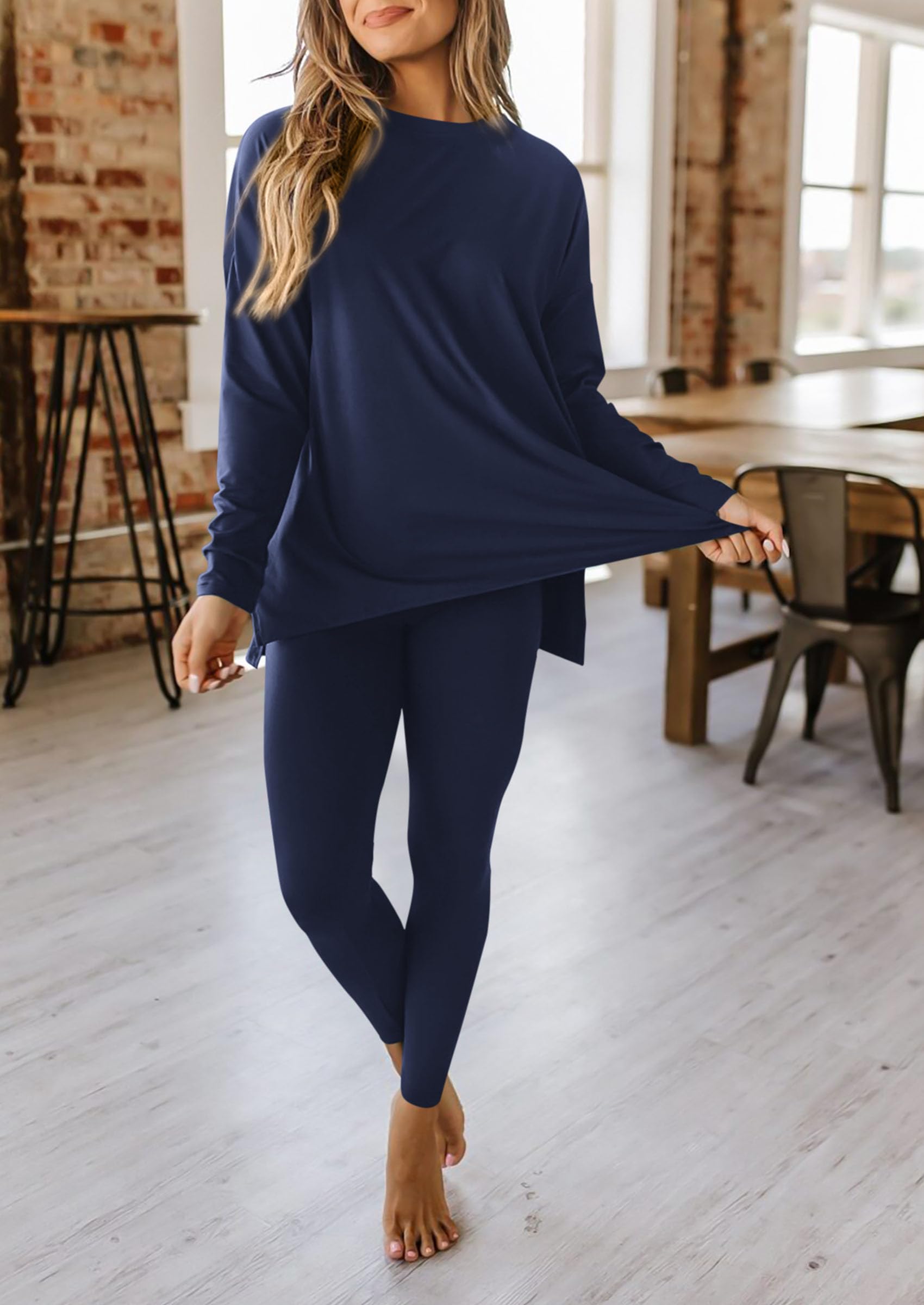 Chichi 2 Piece Outfits Casual Long Sleeve Tunic Tops Legging Pants Lounge Sets Sweatsuits Navy