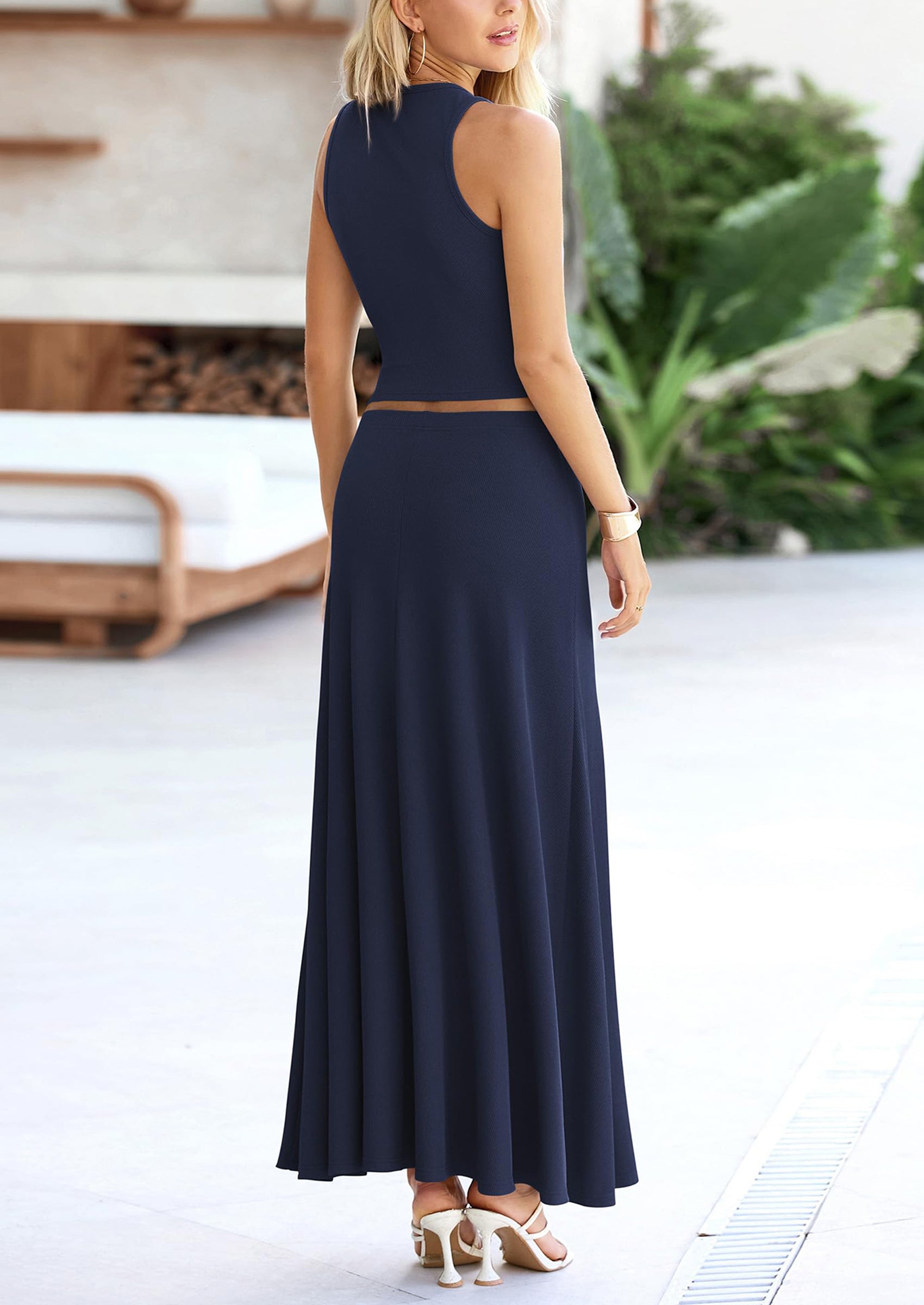 Chichi 2 Piece Maxi Skirt Sets Casual Knit Cropped Tank Top High Waisted Long Skirts Outfit Navy