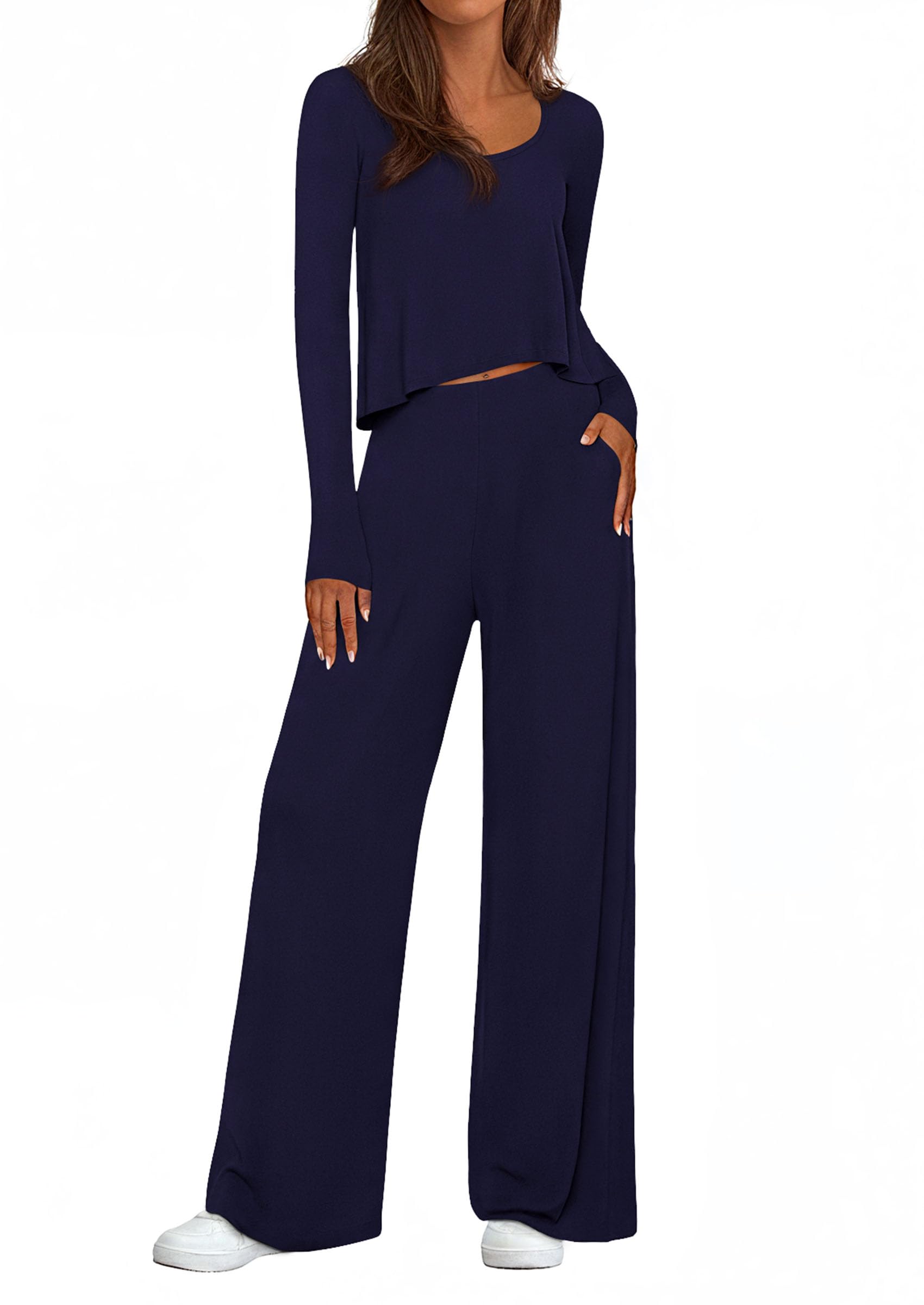 Chichi Women's 2 Piece Fall Sets Casual Long Sleeve Shirts Wide Leg Pants Lounge Travel Outfits Fashion Clothing Navy Blue