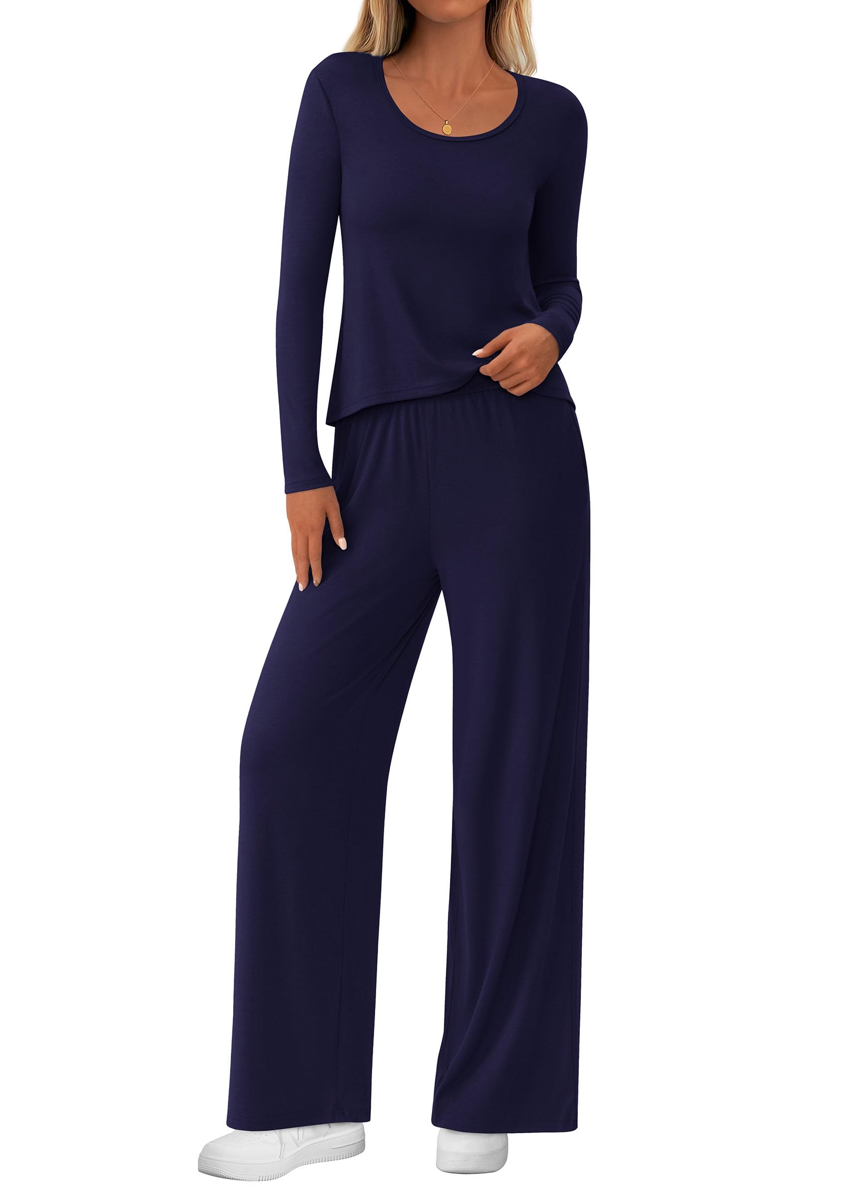 Chichi Women's 2 Piece Fall Sets Casual Long Sleeve Shirts Wide Leg Pants Lounge Travel Outfits Fashion Clothing Navy Blue