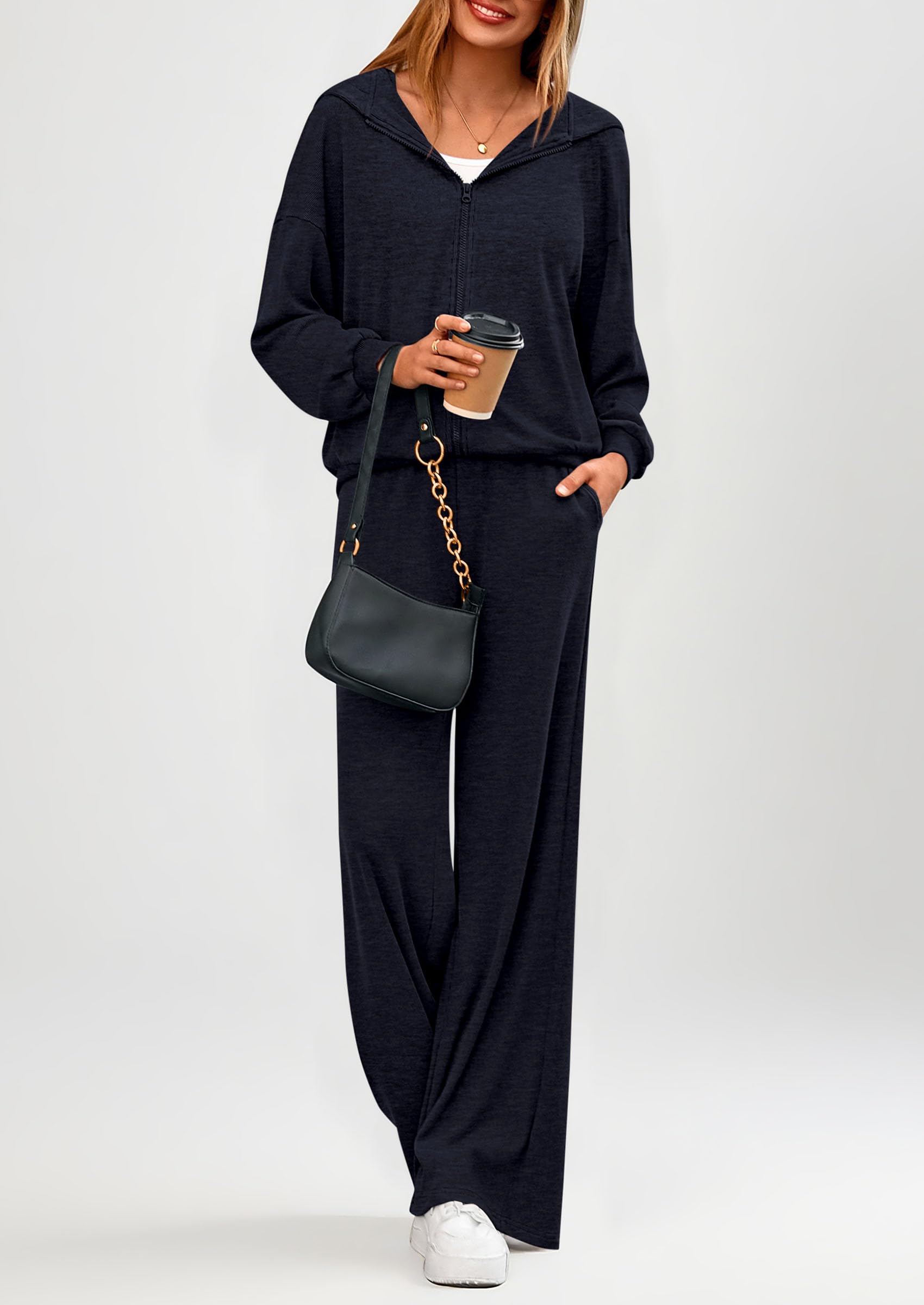 Chichi Women's 2 Piece Fall Lounge Sets Zip Up Hoodie Wide Leg Pants Tracksuit Matching Travel Outfits Clothes Navy Blue