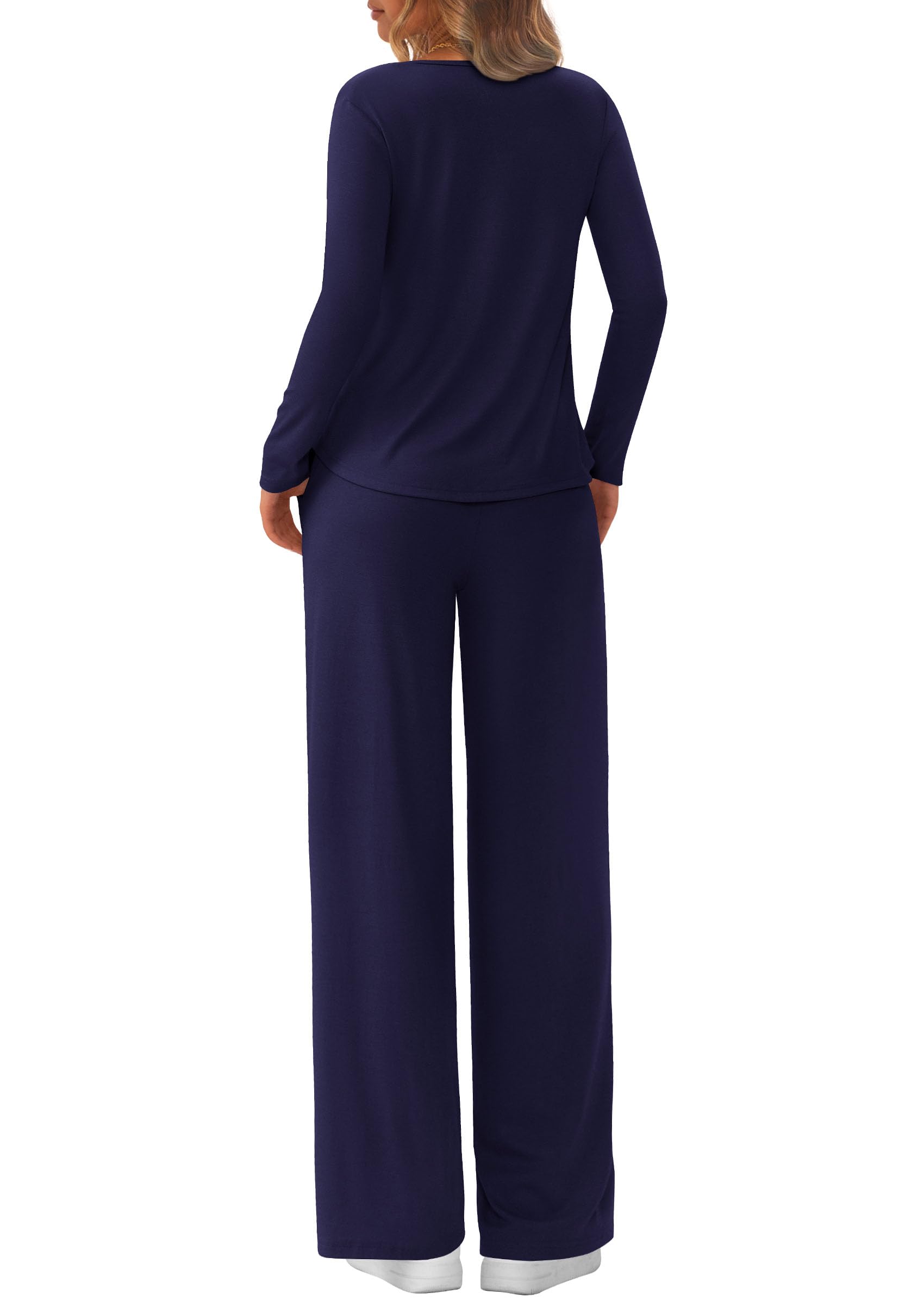 Chichi Women's 2 Piece Fall Sets Casual Long Sleeve Shirts Wide Leg Pants Lounge Travel Outfits Fashion Clothing Navy Blue