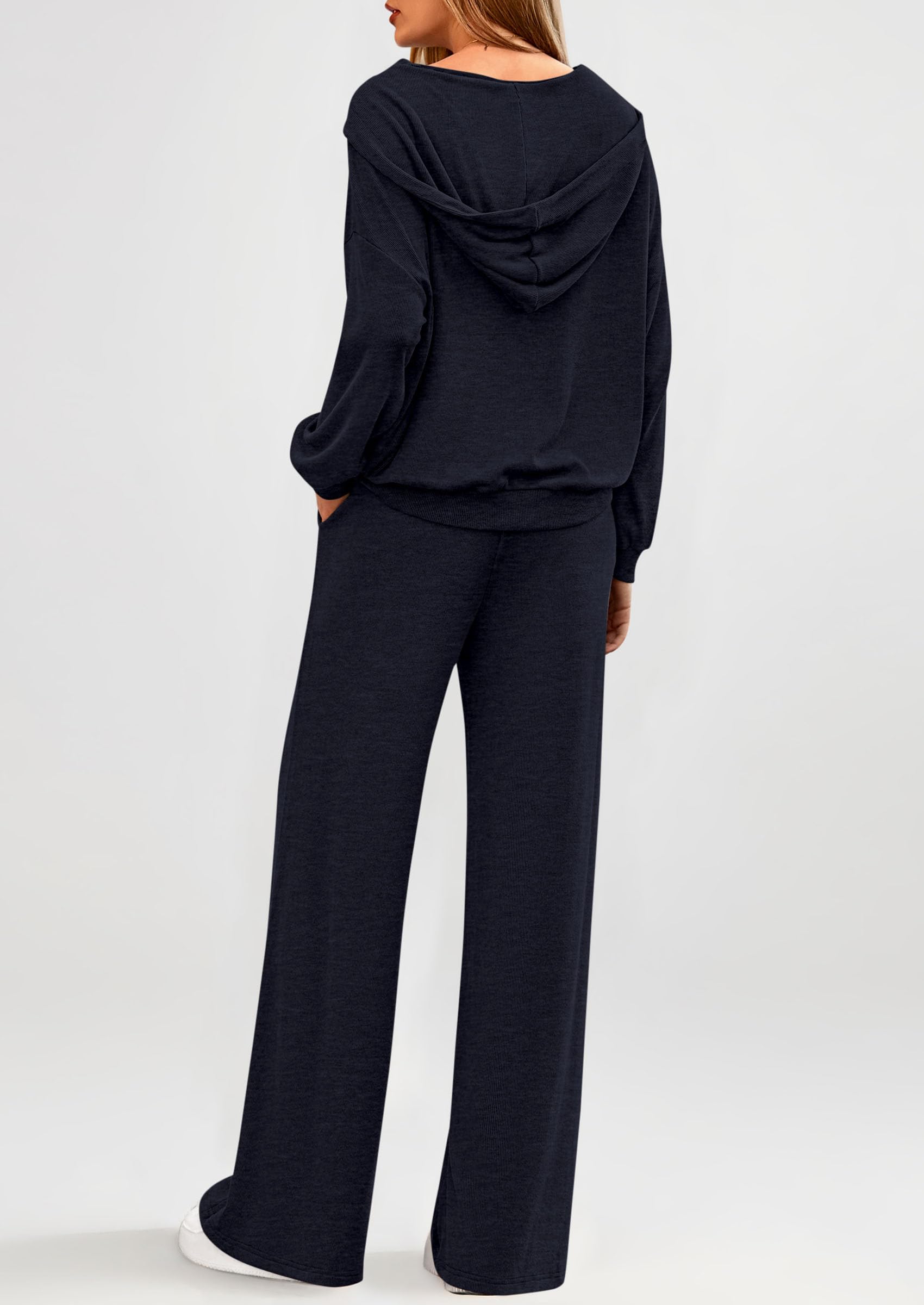 Chichi Women's 2 Piece Fall Lounge Sets Zip Up Hoodie Wide Leg Pants Tracksuit Matching Travel Outfits Clothes Navy Blue
