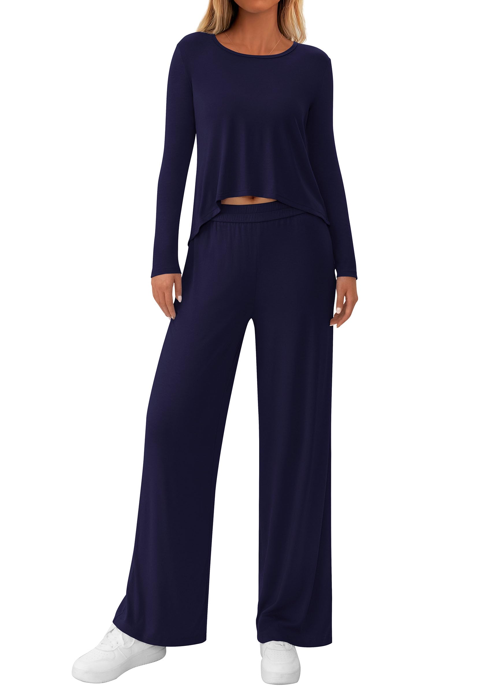 Chichi Women's 2 Piece Fall Sets Casual Long Sleeve Shirts Wide Leg Pants Lounge Travel Outfits Fashion Clothing Navy Blue