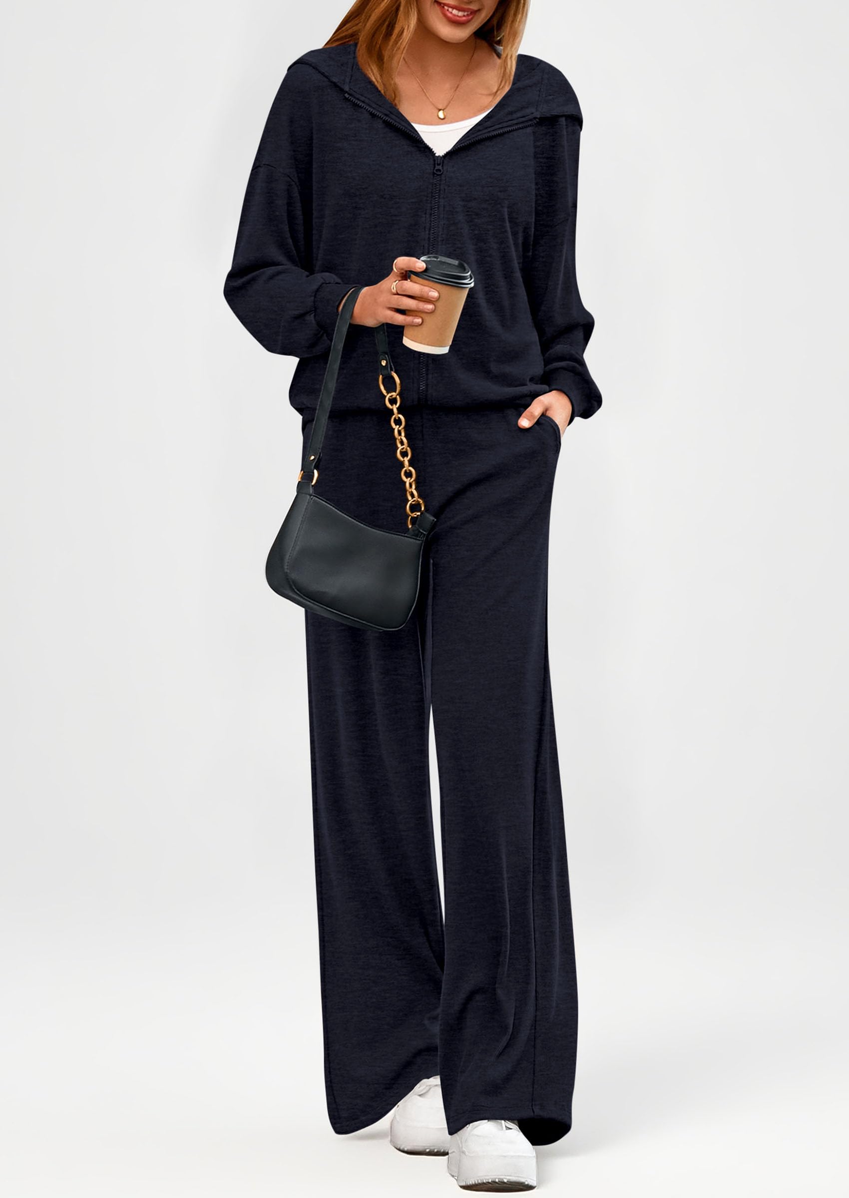 Chichi Women's 2 Piece Fall Lounge Sets Zip Up Hoodie Wide Leg Pants Tracksuit Matching Travel Outfits Clothes Navy Blue