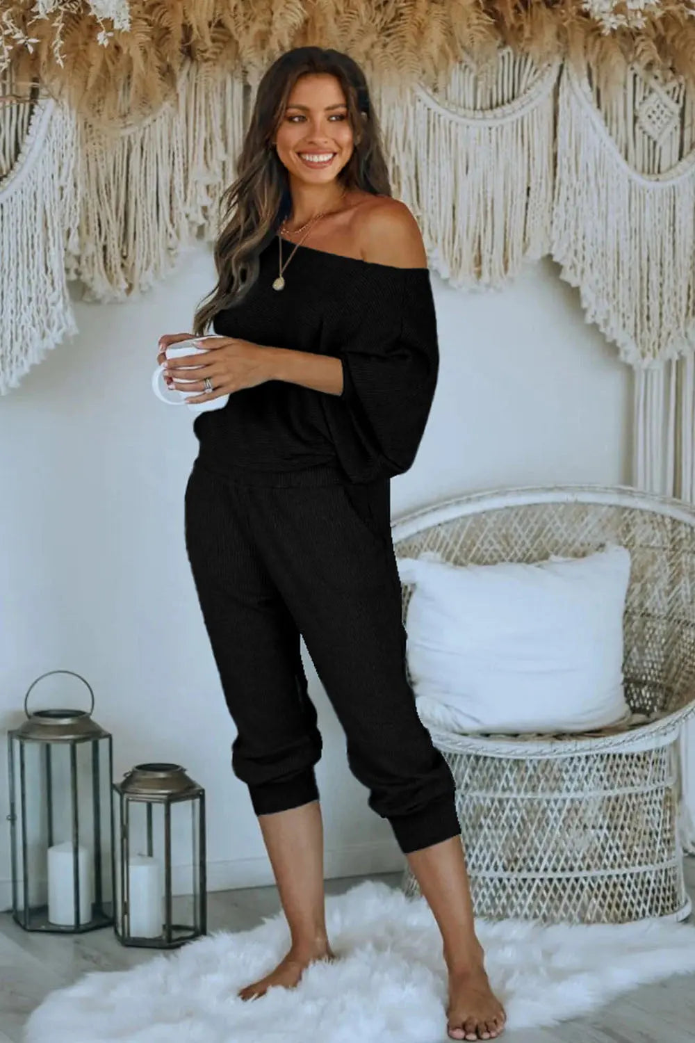 Chichi Women's 2 Piece Ribbed Tracksuit Outfits Off Shoulder Long Sleeve Pullover Lounge Pants with Pockets Black