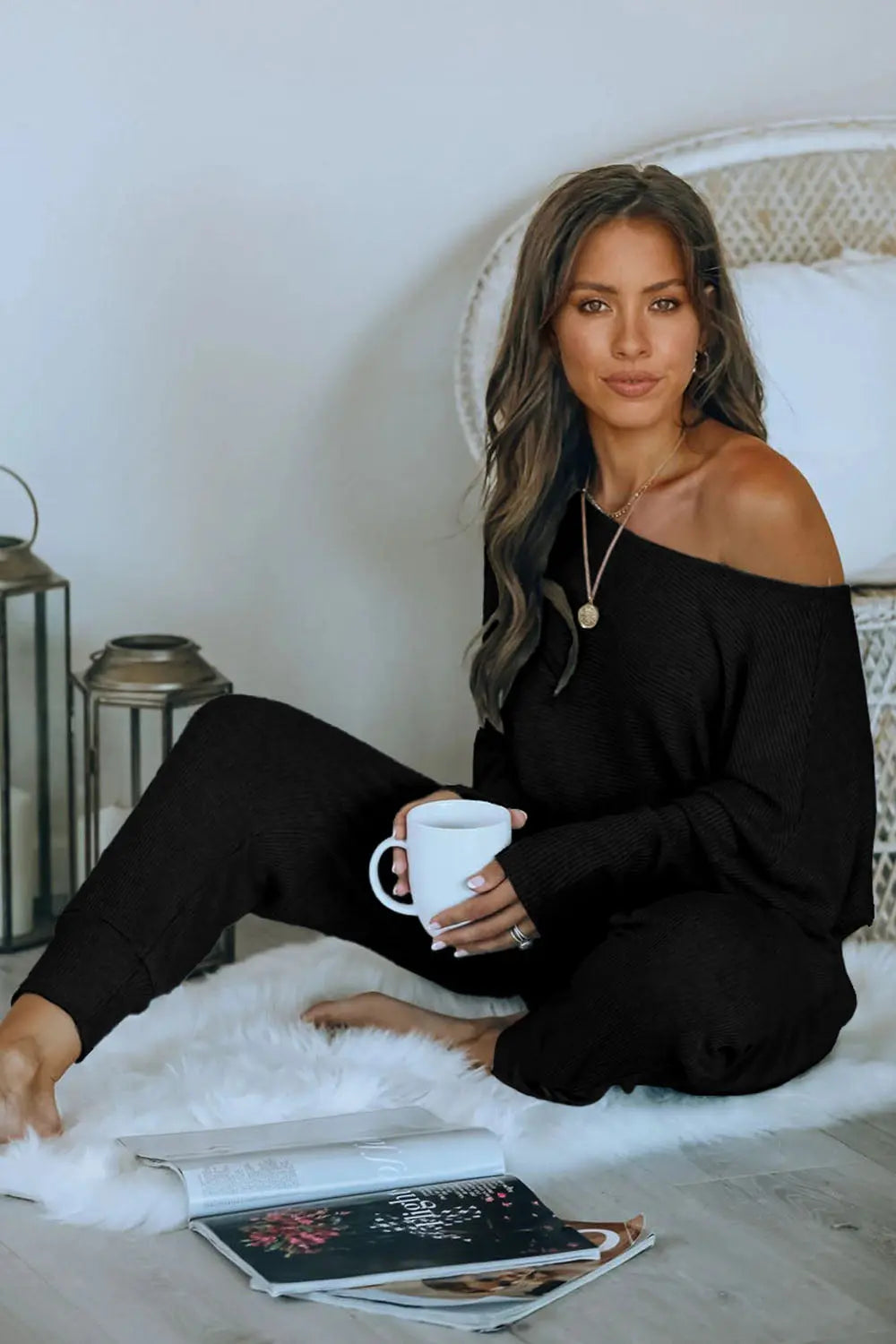 Chichi Women's 2 Piece Ribbed Tracksuit Outfits Off Shoulder Long Sleeve Pullover Lounge Pants with Pockets Black