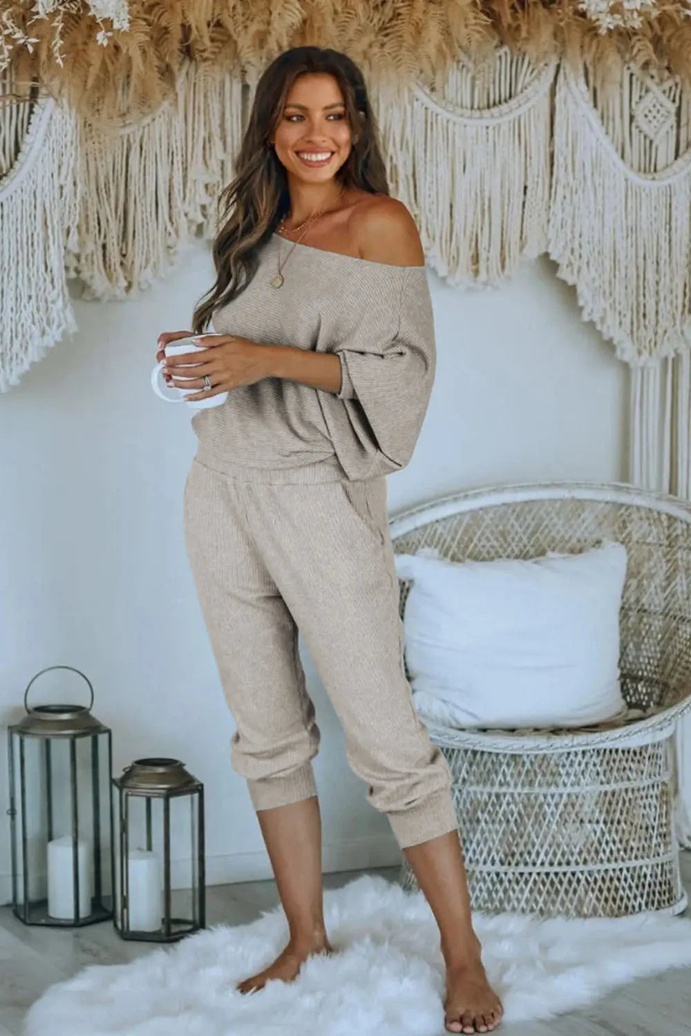 Chichi Women's 2 Piece Ribbed Tracksuit Outfits Off Shoulder Long Sleeve Pullover Lounge Pants with Pockets Grey