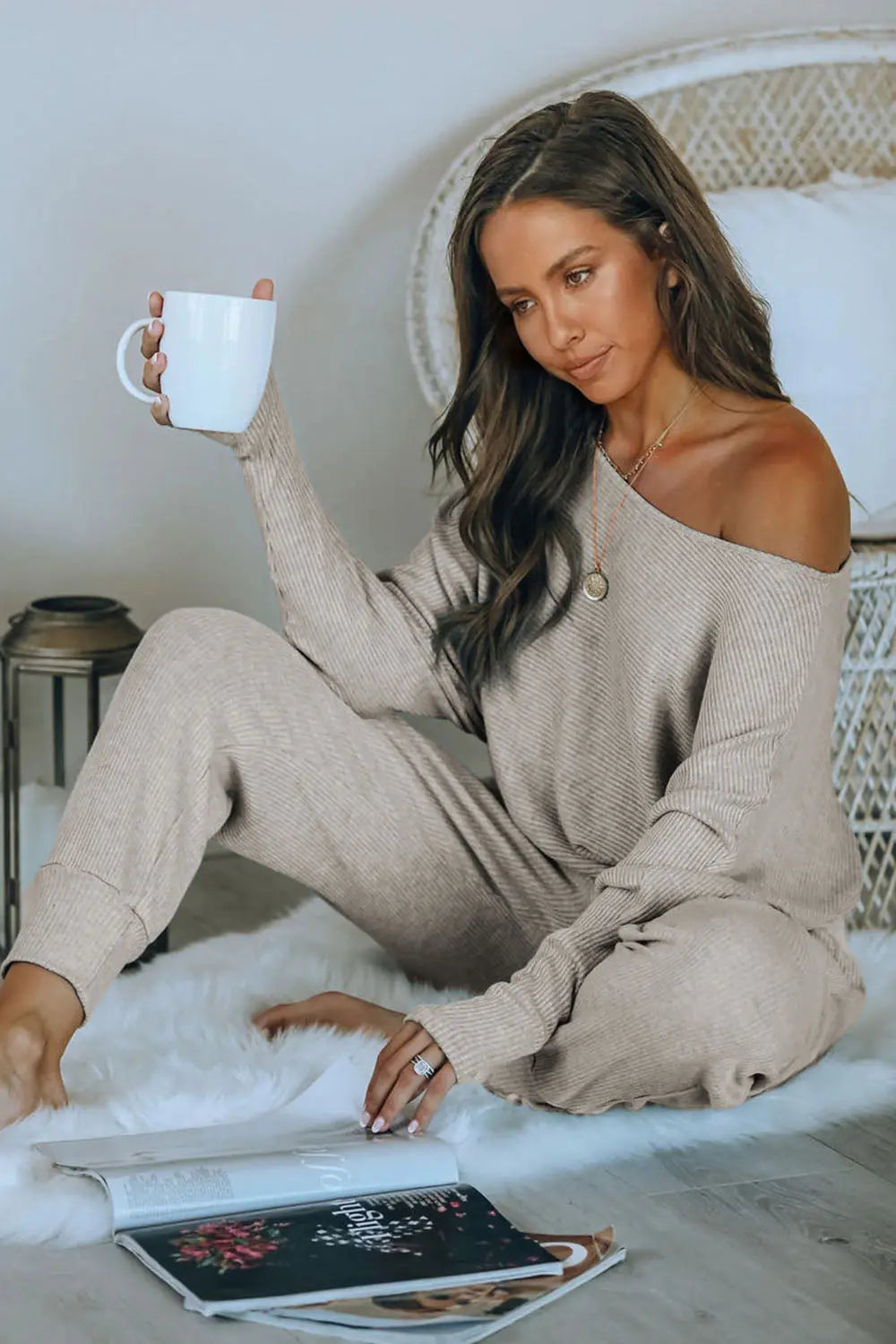 Chichi Women's 2 Piece Ribbed Tracksuit Outfits Off Shoulder Long Sleeve Pullover Lounge Pants with Pockets Grey