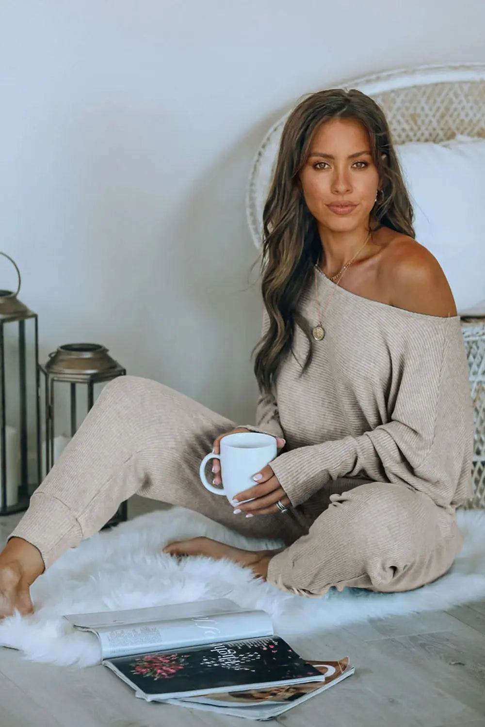 Chichi Women's 2 Piece Ribbed Tracksuit Outfits Off Shoulder Long Sleeve Pullover Lounge Pants with Pockets Grey