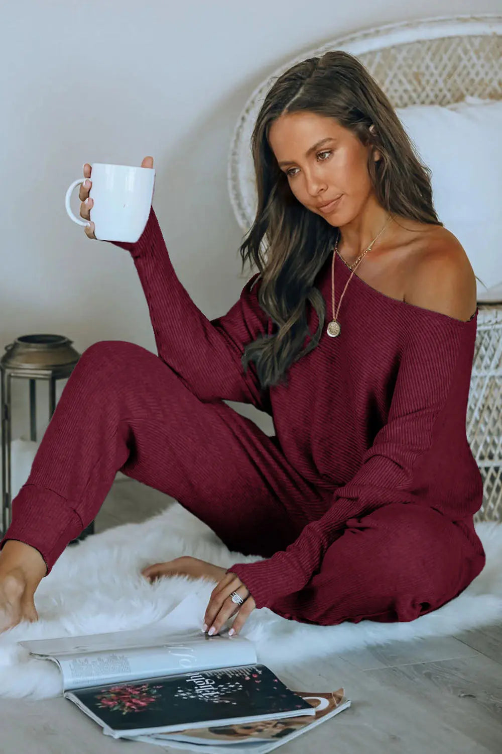 Chichi Women's 2 Piece Ribbed Tracksuit Outfits Off Shoulder Long Sleeve Pullover Lounge Pants with Pockets Wine Red