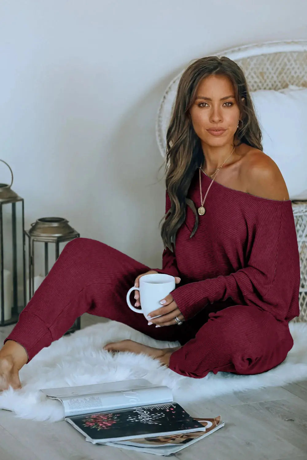 Chichi Women's 2 Piece Ribbed Tracksuit Outfits Off Shoulder Long Sleeve Pullover Lounge Pants with Pockets Wine Red