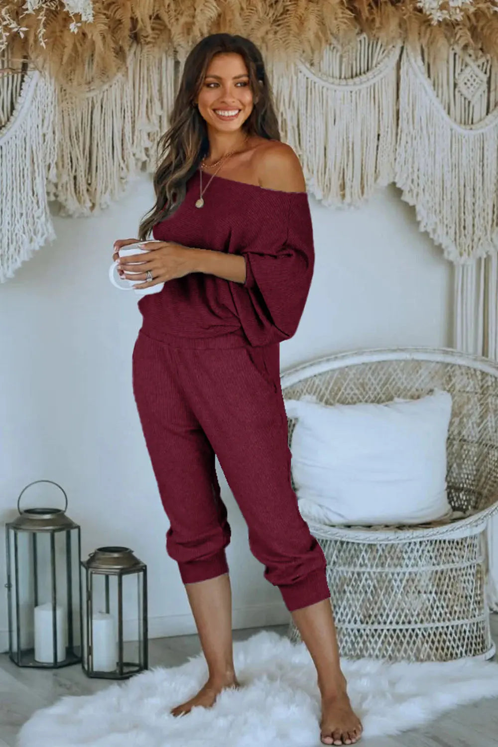 Chichi Women's 2 Piece Ribbed Tracksuit Outfits Off Shoulder Long Sleeve Pullover Lounge Pants with Pockets Wine Red