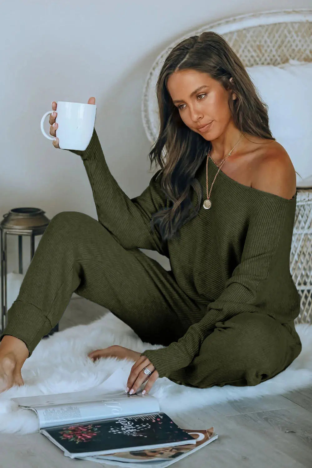 Chichi Women's 2 Piece Ribbed Tracksuit Outfits Off Shoulder Long Sleeve Pullover Lounge Pants with Pockets Army Green