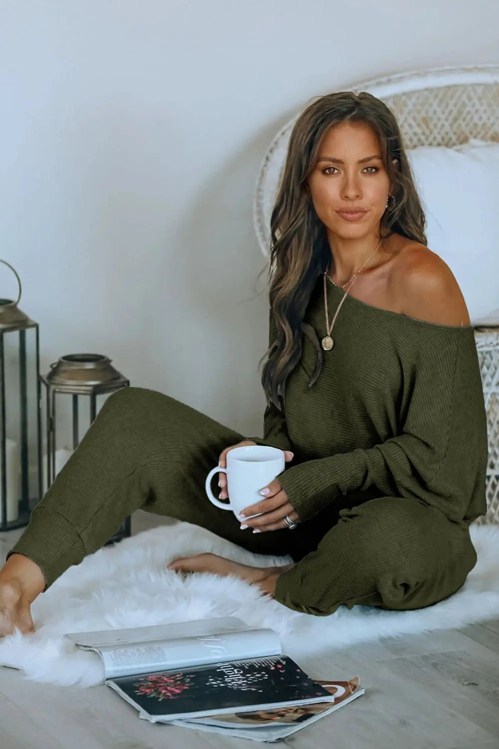 Chichi Women's 2 Piece Ribbed Tracksuit Outfits Off Shoulder Long Sleeve Pullover Lounge Pants with Pockets Army Green