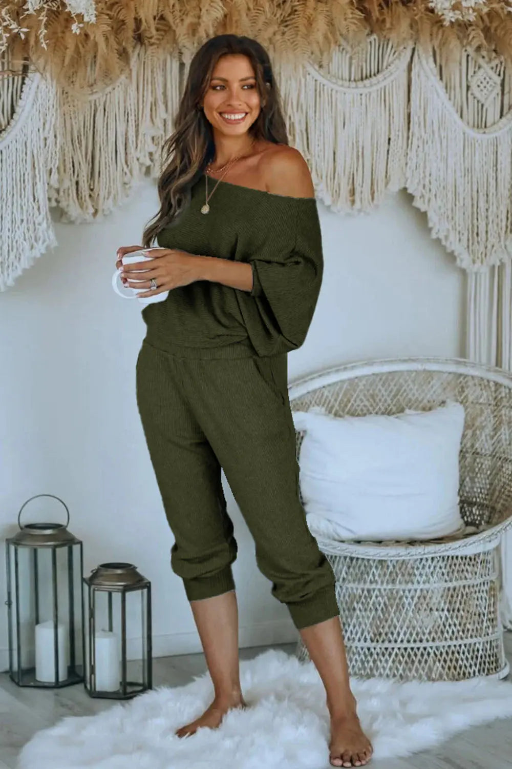 Chichi Women's 2 Piece Ribbed Tracksuit Outfits Off Shoulder Long Sleeve Pullover Lounge Pants with Pockets Army Green