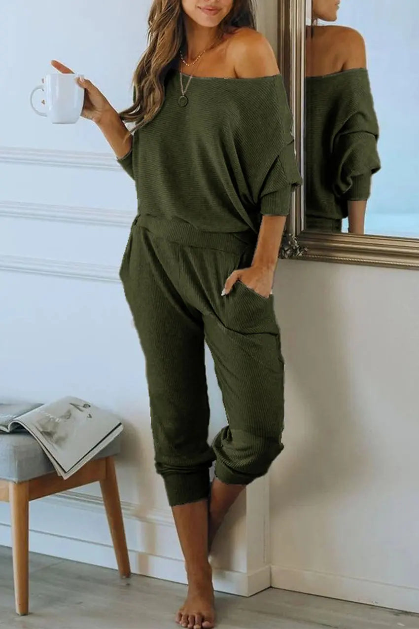 Chichi Women's 2 Piece Ribbed Tracksuit Outfits Off Shoulder Long Sleeve Pullover Lounge Pants with Pockets Army Green
