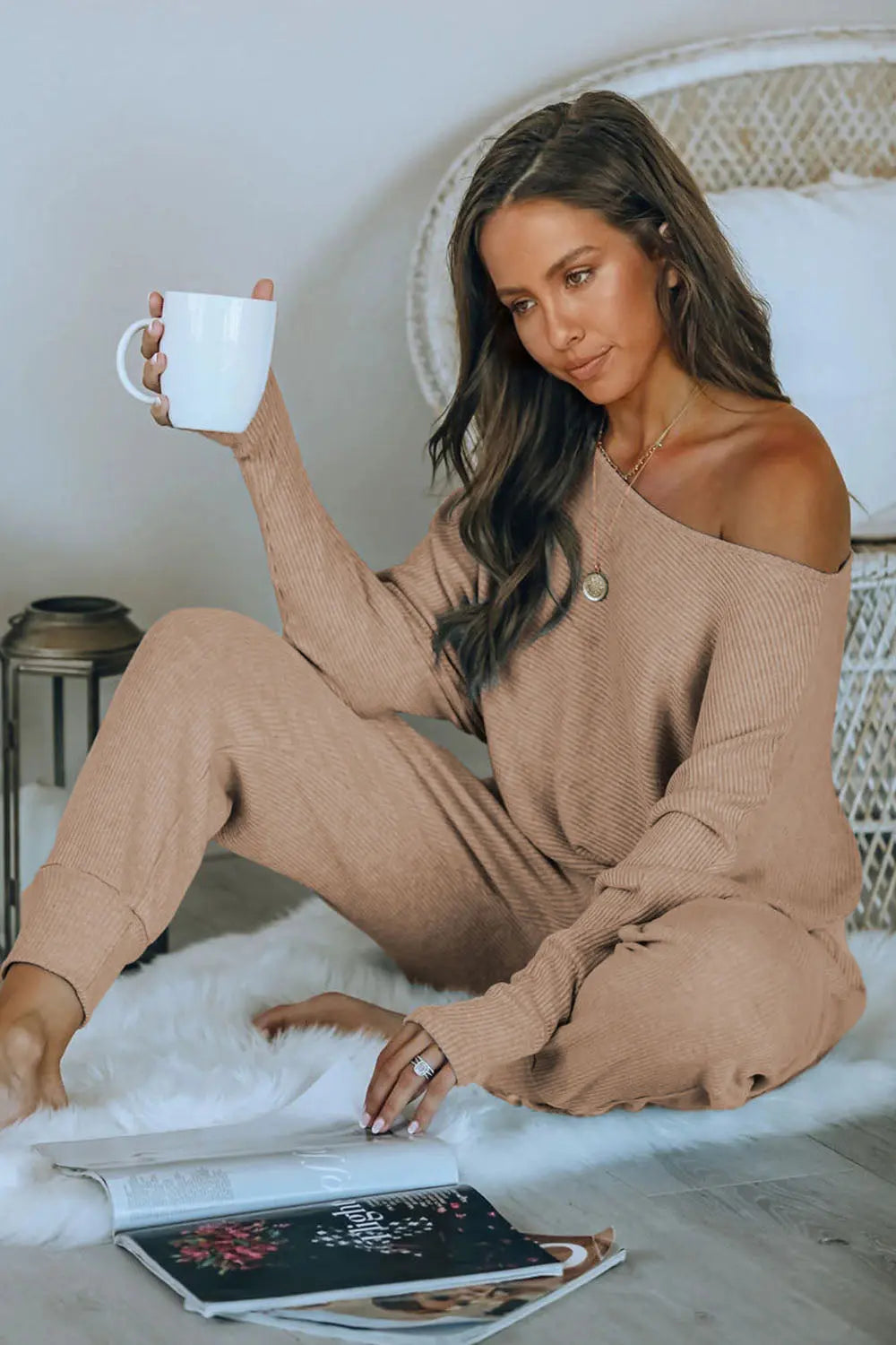 Chichi Women's 2 Piece Ribbed Tracksuit Outfits Off Shoulder Long Sleeve Pullover Lounge Pants with Pockets Khaki