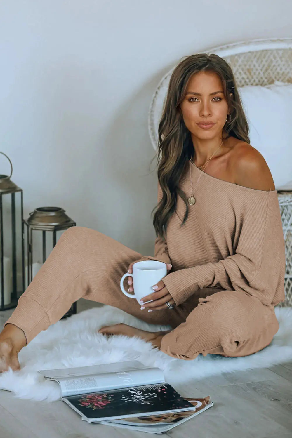 Chichi Women's 2 Piece Ribbed Tracksuit Outfits Off Shoulder Long Sleeve Pullover Lounge Pants with Pockets Khaki