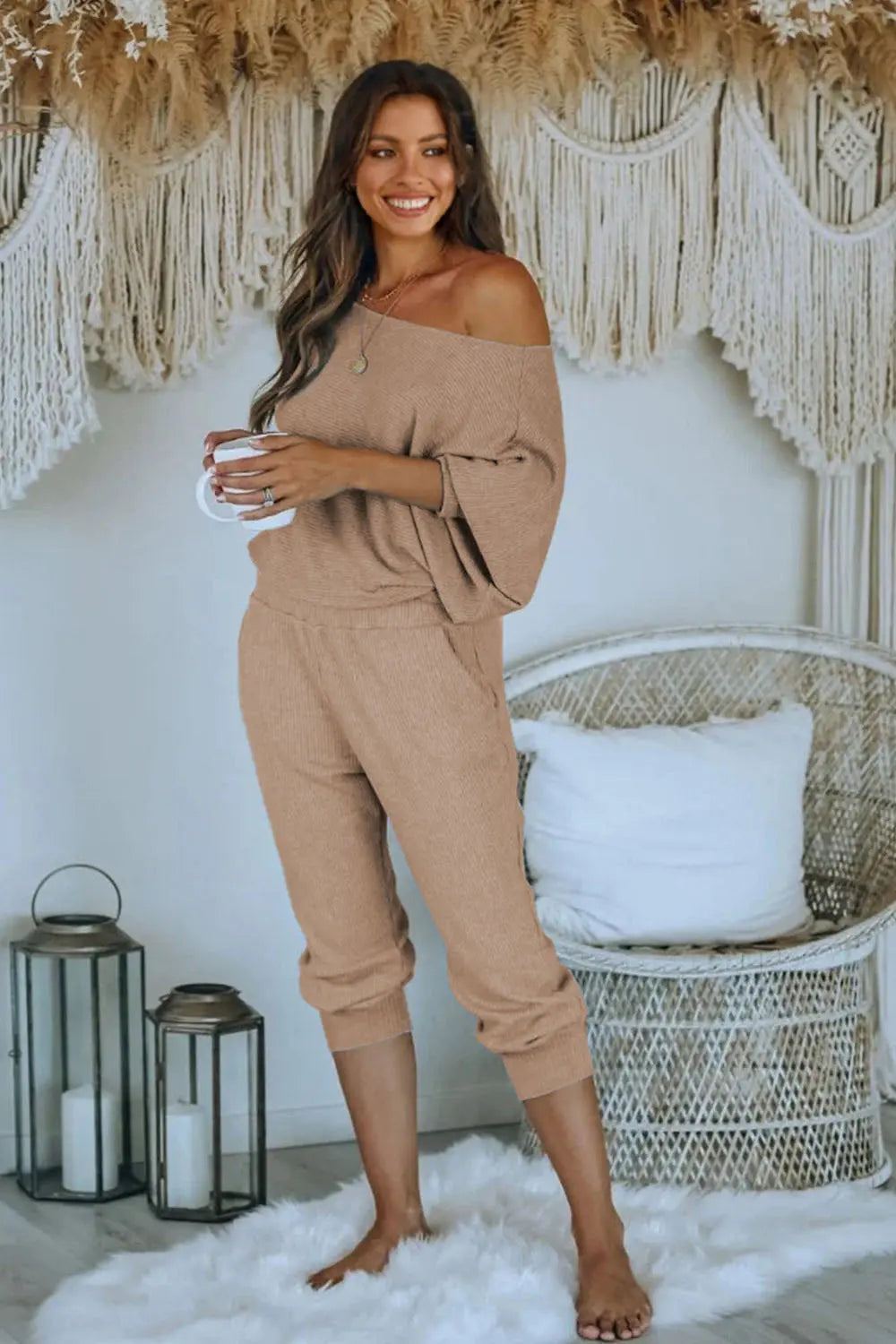 Chichi Women's 2 Piece Ribbed Tracksuit Outfits Off Shoulder Long Sleeve Pullover Lounge Pants with Pockets Khaki