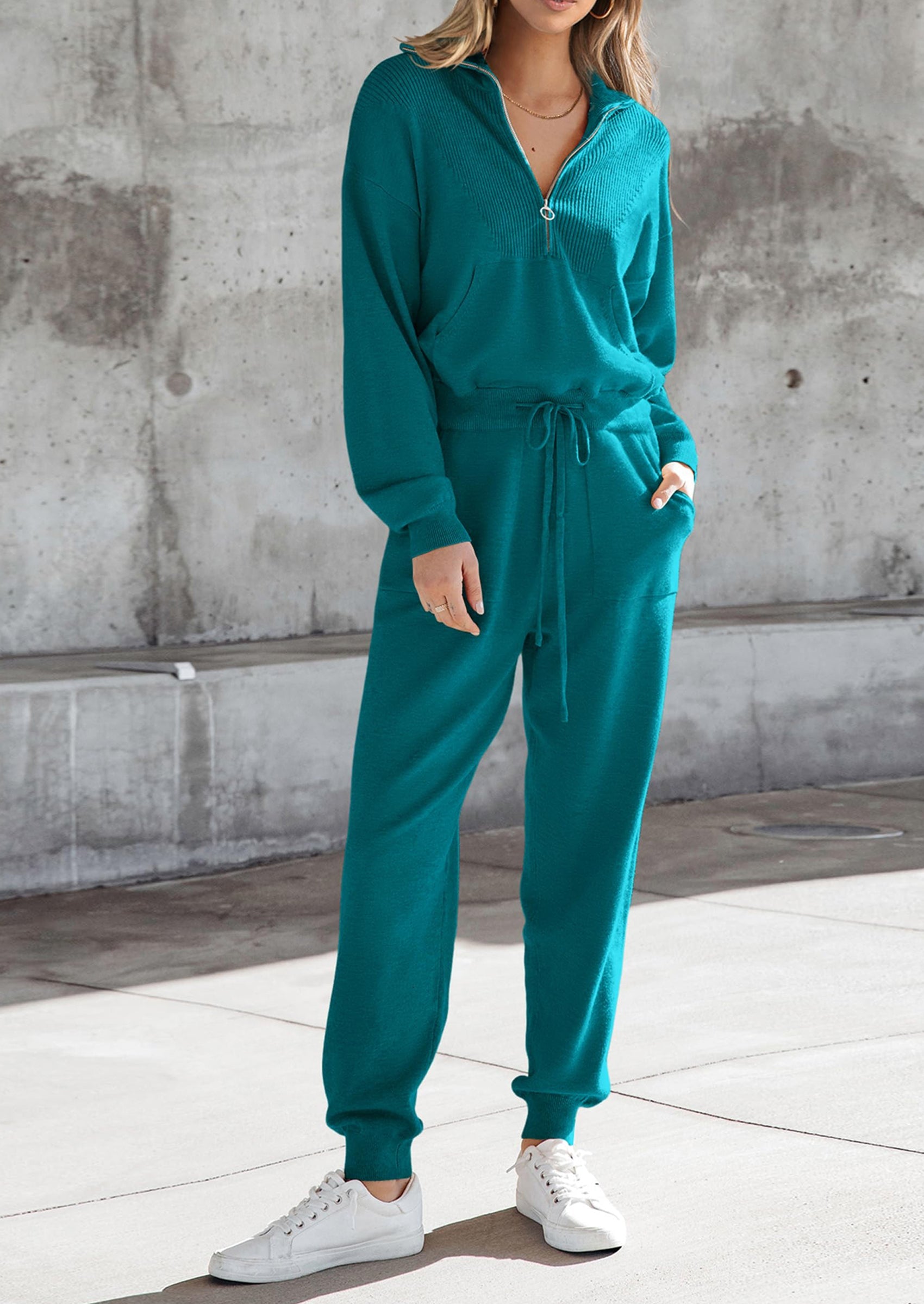 Chichi Women's 2 Piece Sweater Set Pullover Zip Up Sweatshirt Jogger Sweatpants Tracksuit Casual Outfit Peacock Blue