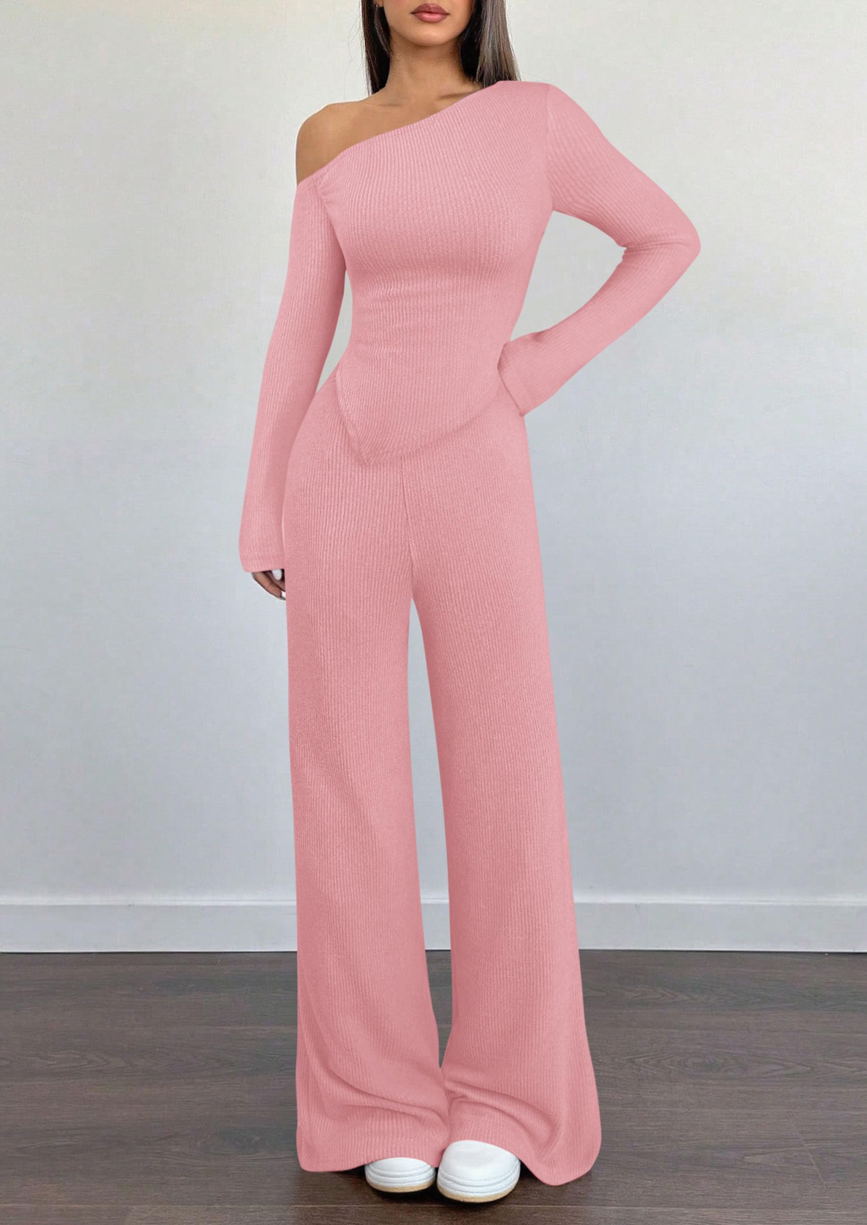Chichi Casual Two Piece Sets for Women Fall Outfits Asymmetrical Off Shoulder Tops Wide Leg Pants Knit Lounge Set Pink