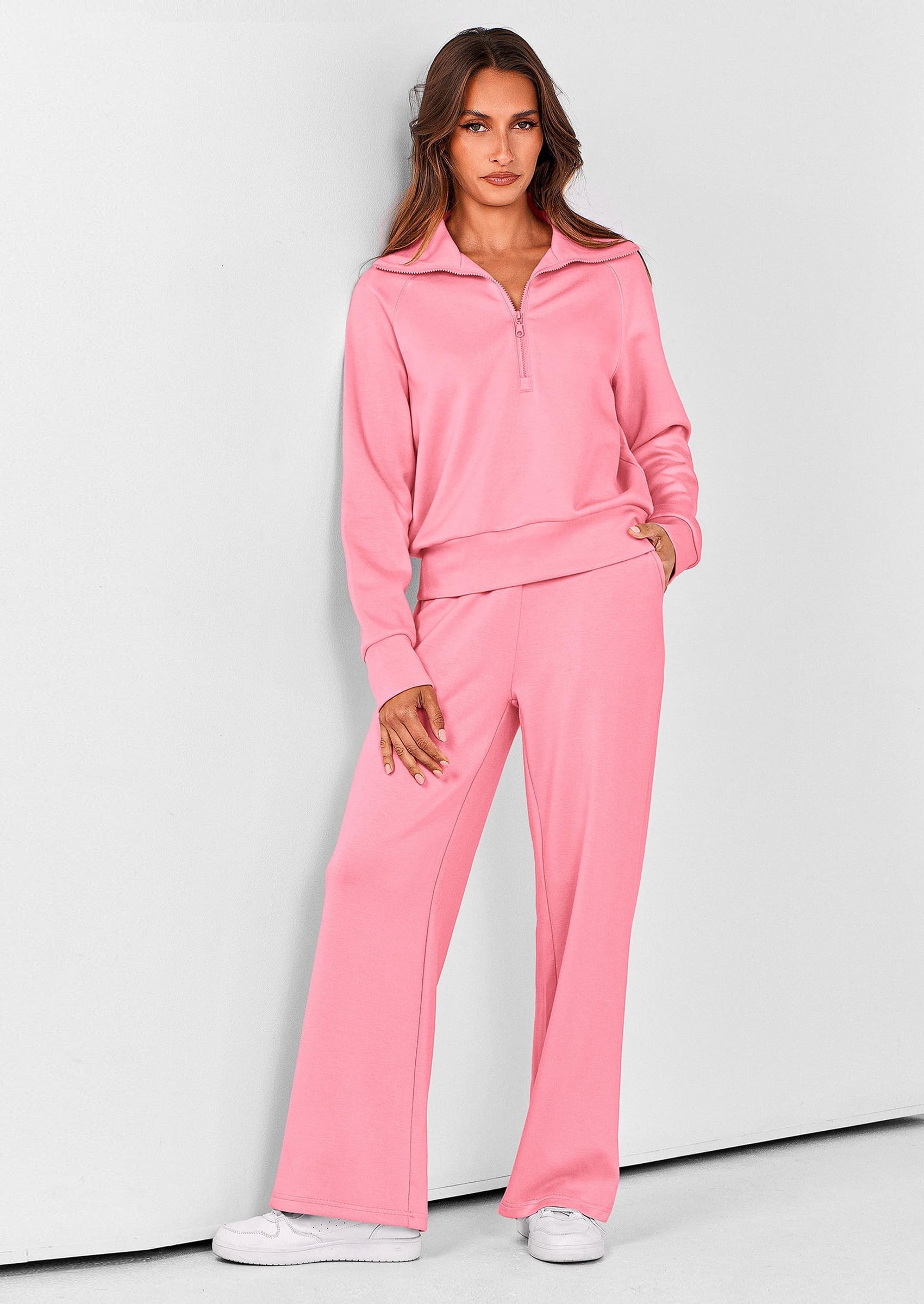 Chichi Women's 2 Piece Outfits Casual Lapel Half Zip Sweatshirts And Wide Leg Pants Tracksuit Sets Pink