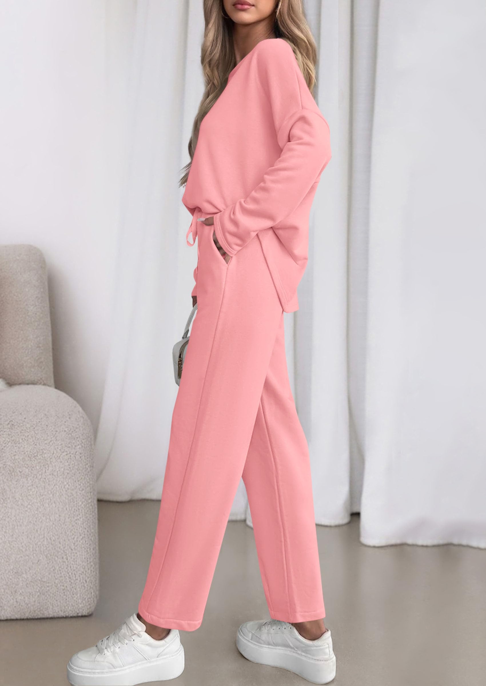 Chichi Womens 2 Piece Matching Lounge Sets Fall Long Sleeve Boatneck Sweatsuit Drawstring Sweatpants Pockets Pink