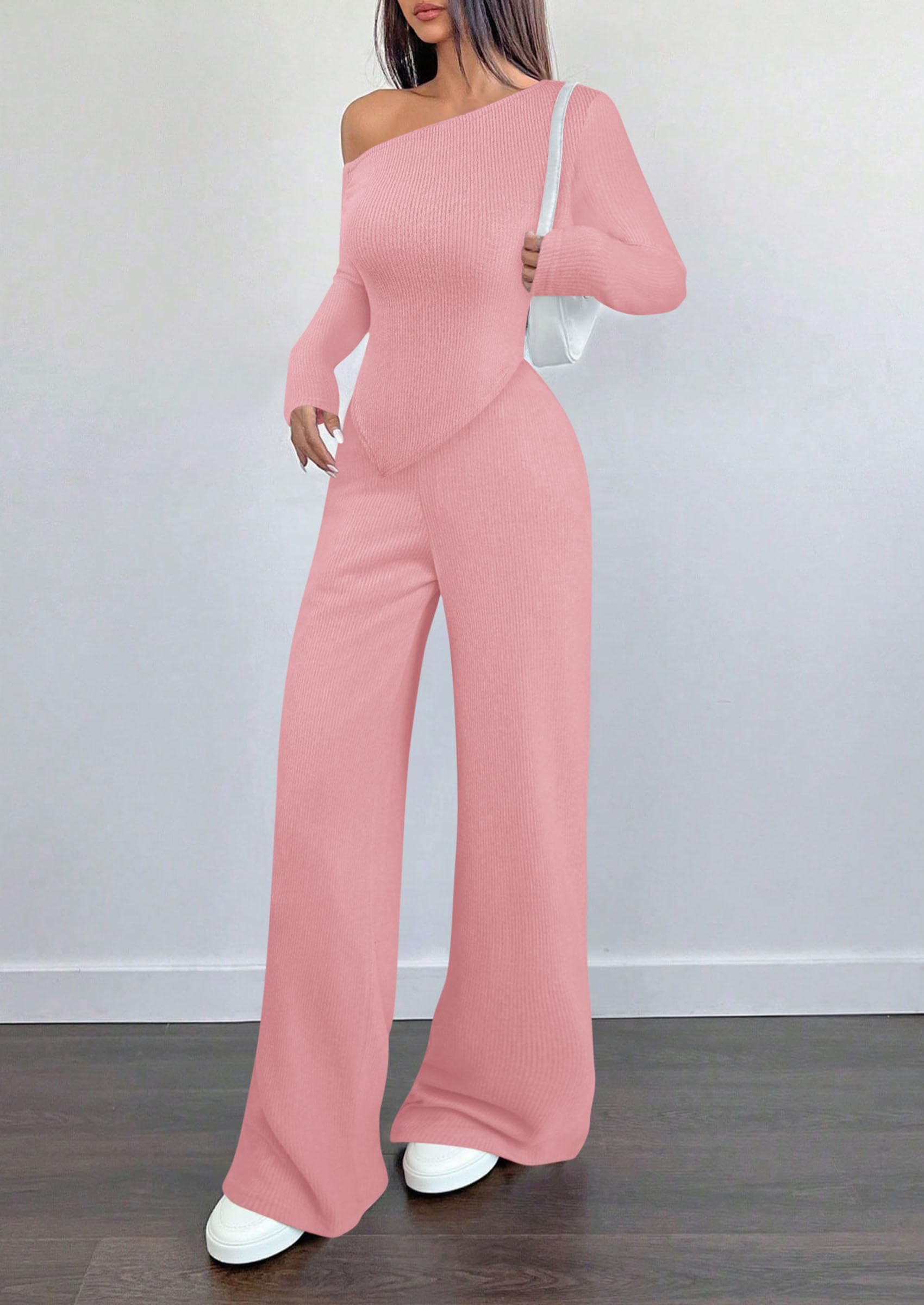 Chichi Casual Two Piece Sets for Women Fall Outfits Asymmetrical Off Shoulder Tops Wide Leg Pants Knit Lounge Set Pink