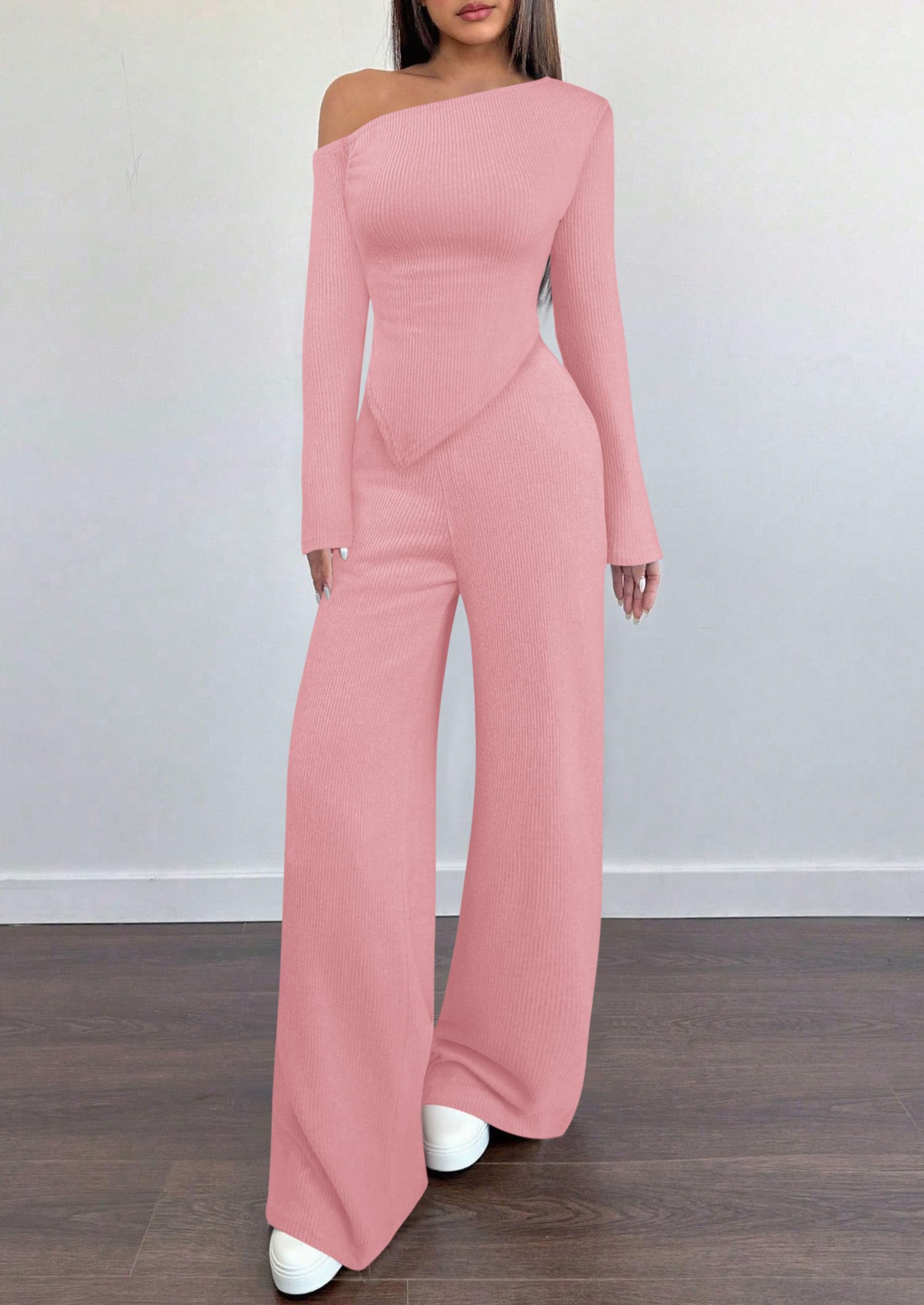 Chichi Casual Two Piece Sets for Women Fall Outfits Asymmetrical Off Shoulder Tops Wide Leg Pants Knit Lounge Set Pink