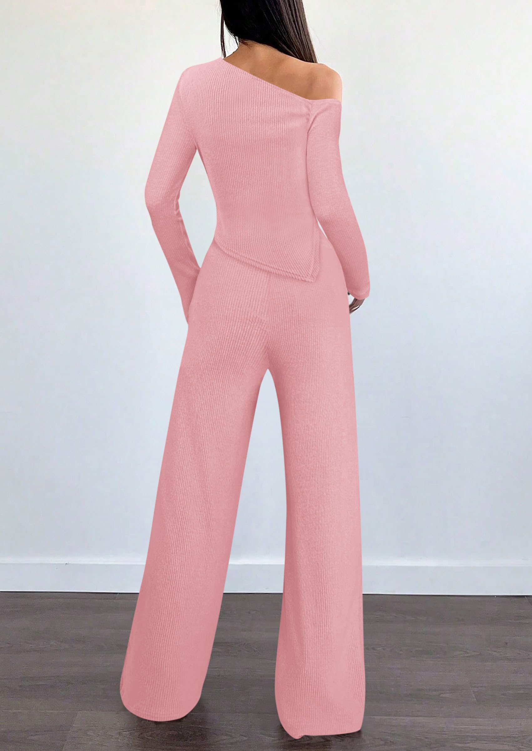Chichi Casual Two Piece Sets for Women Fall Outfits Asymmetrical Off Shoulder Tops Wide Leg Pants Knit Lounge Set Pink