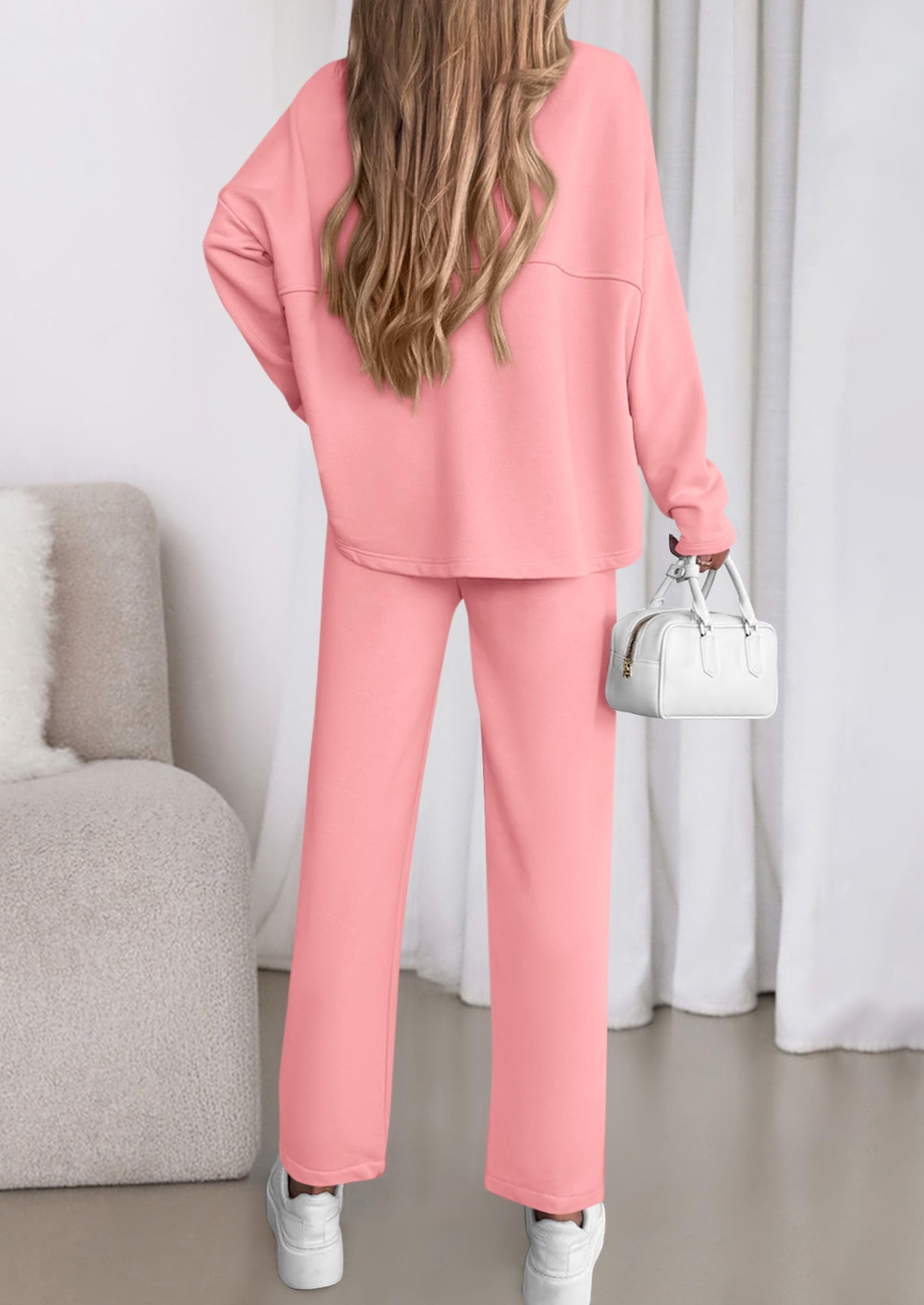Chichi Womens 2 Piece Matching Lounge Sets Fall Long Sleeve Boatneck Sweatsuit Drawstring Sweatpants Pockets Pink