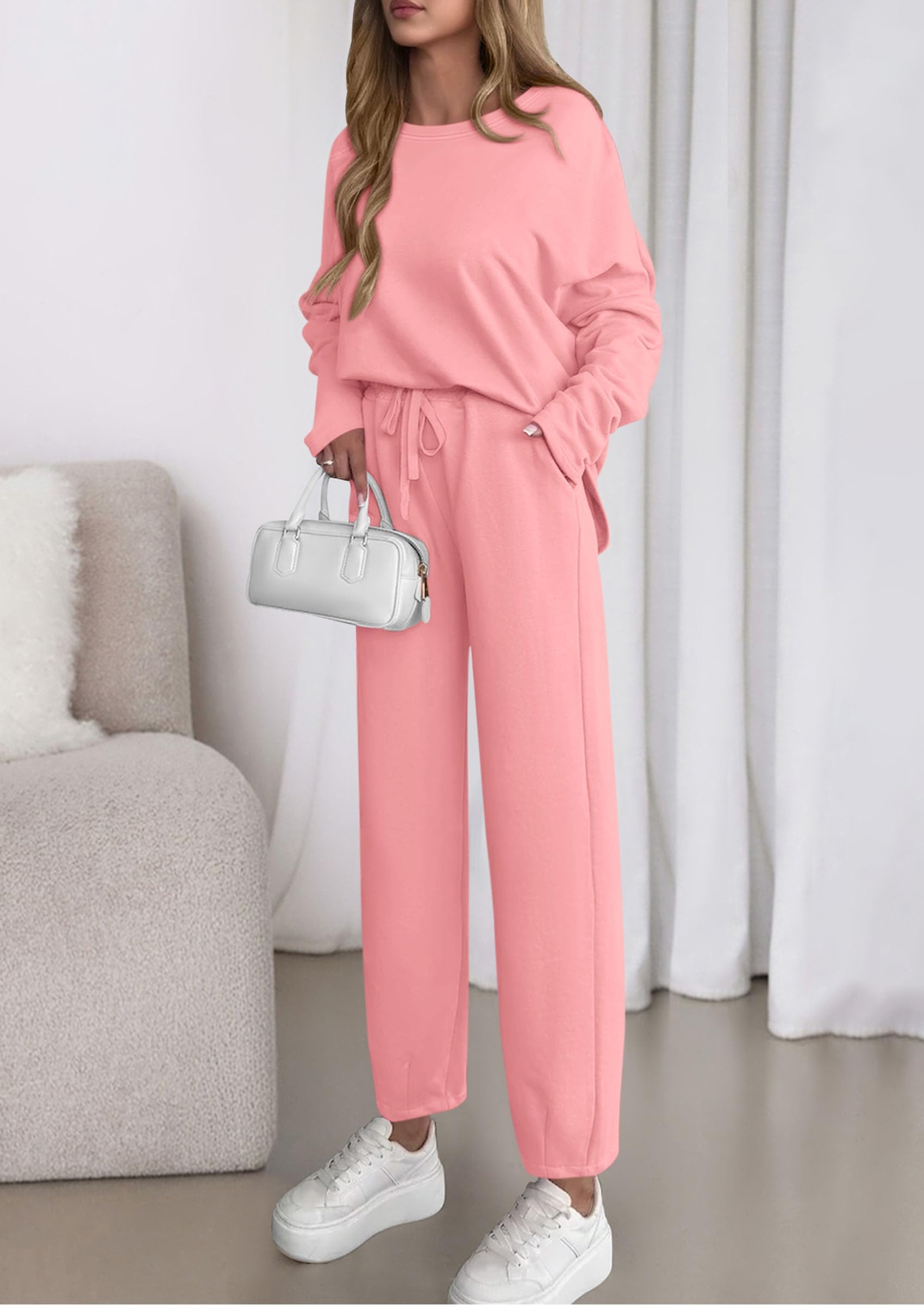 Chichi Womens 2 Piece Matching Lounge Sets Fall Long Sleeve Boatneck Sweatsuit Drawstring Sweatpants Pockets Pink
