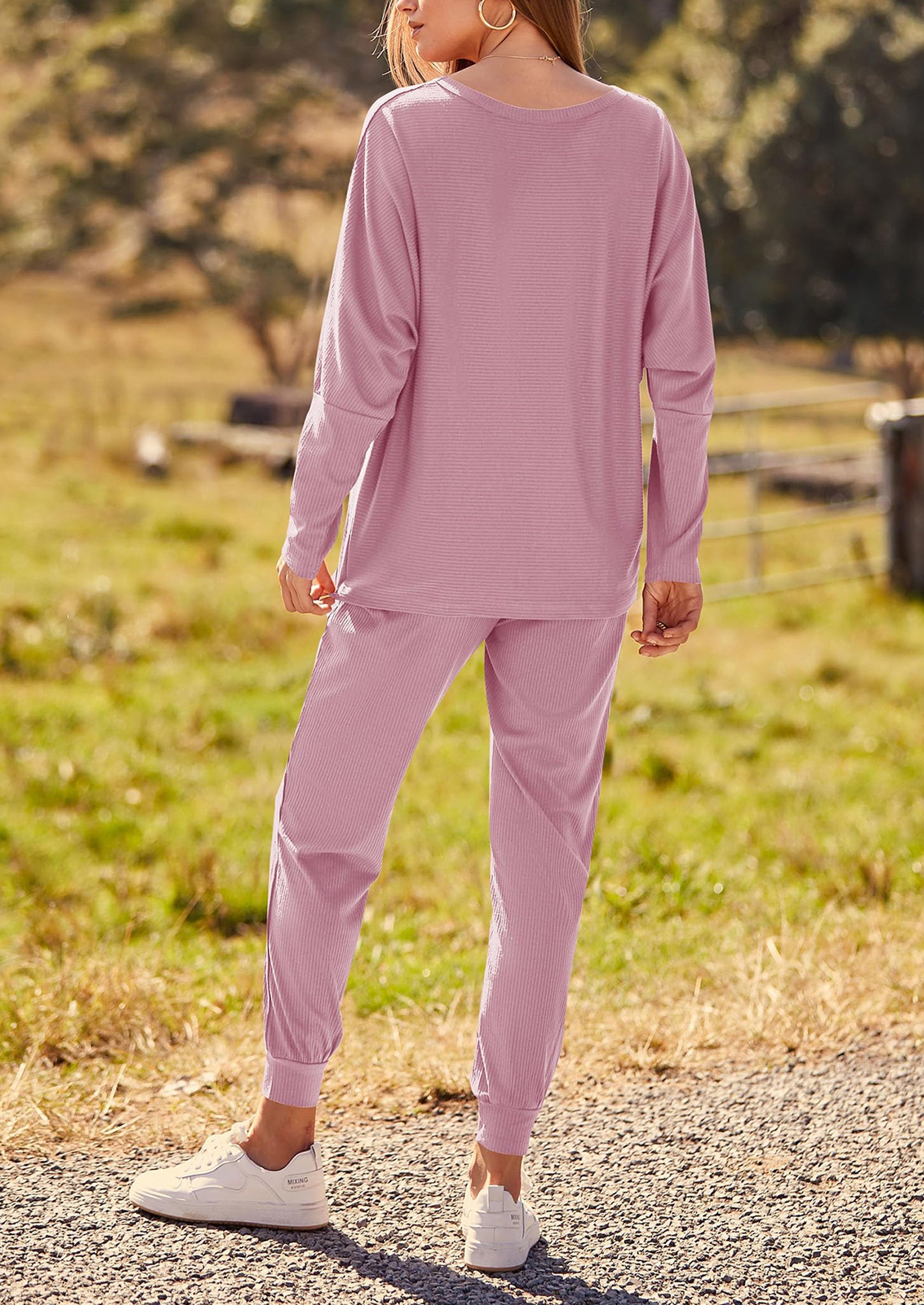Chichi Women's Fall 2 Piece Lounge Set Long Sleeve Tops Ribbed Pants Spring Matching Sweatsuit Travel Outfits Clothes Pink
