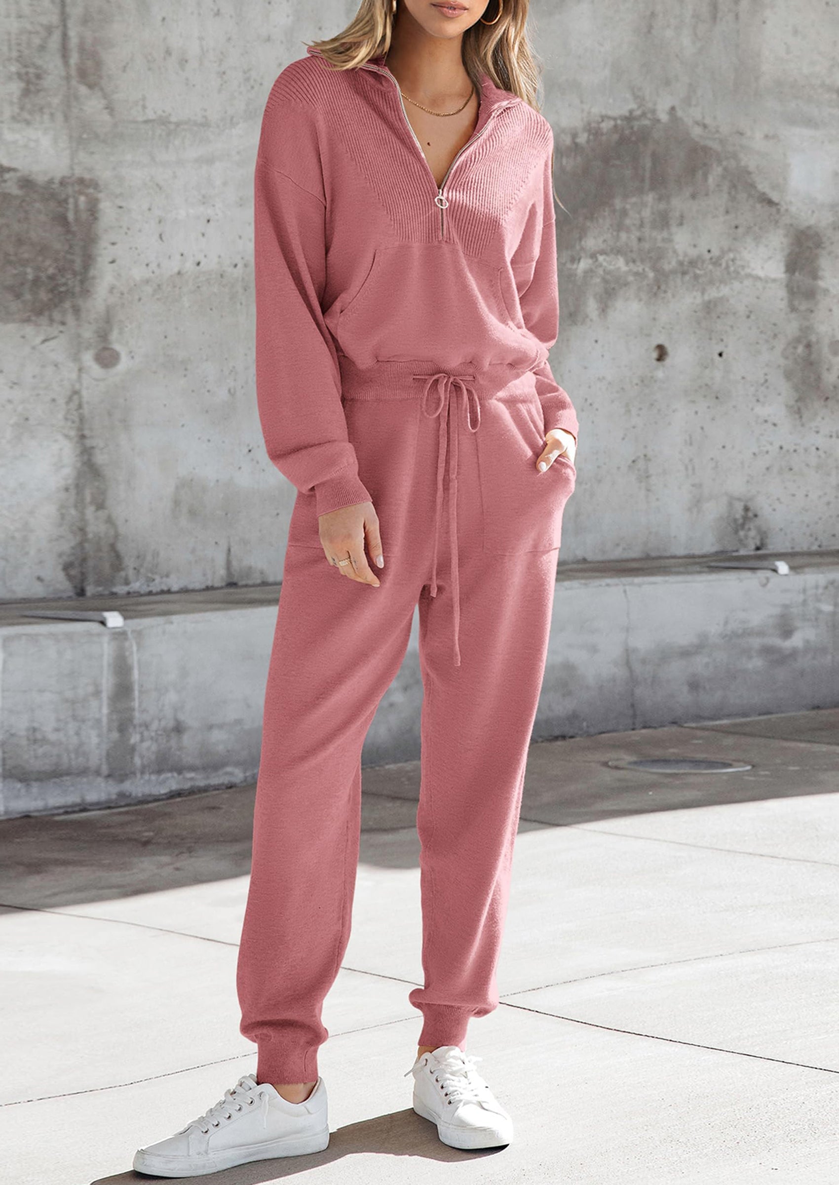 Chichi Women's 2 Piece Sweater Set Pullover Zip Up Sweatshirt Jogger Sweatpants Tracksuit Casual Outfit Pink