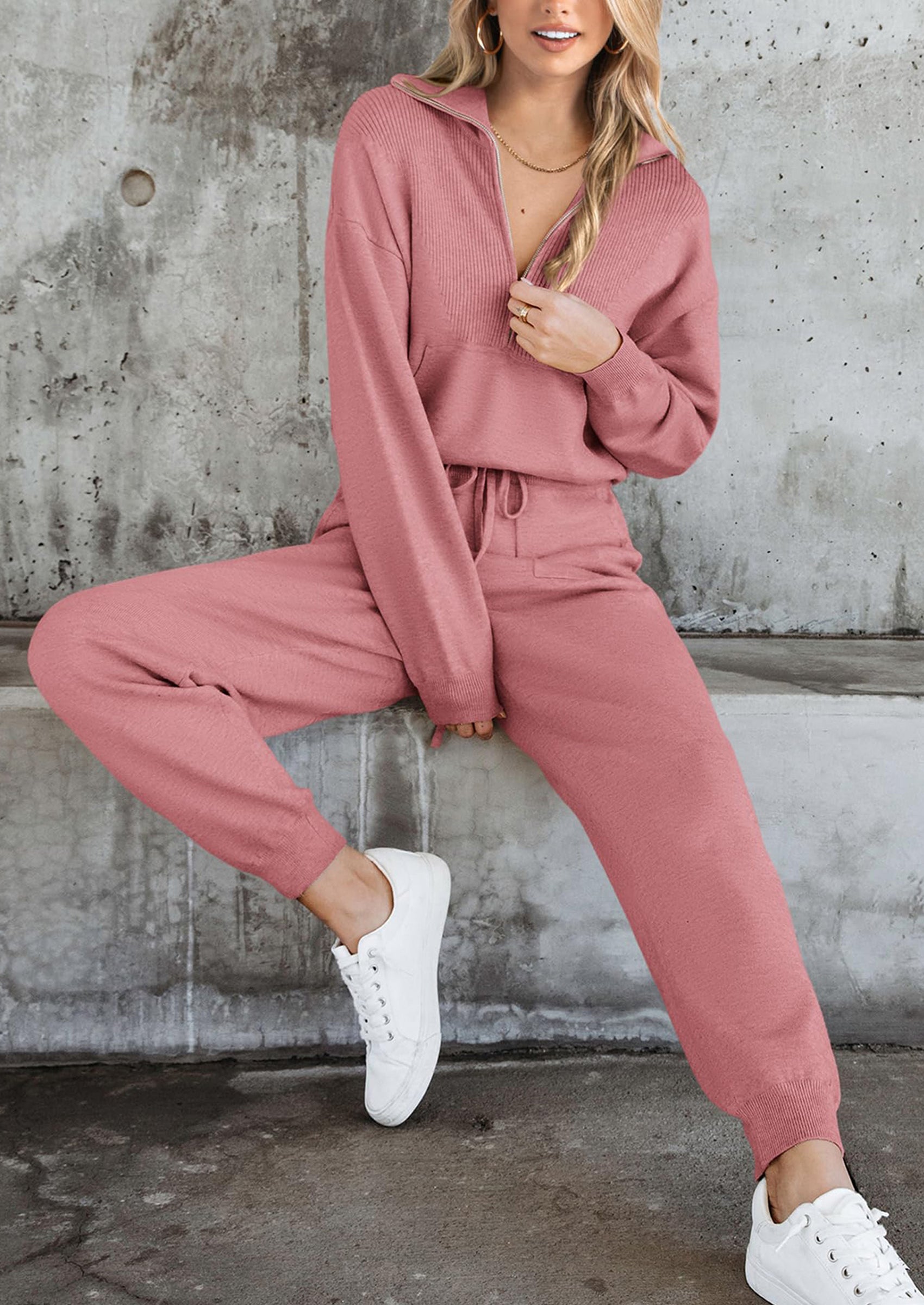 Chichi Women's 2 Piece Sweater Set Pullover Zip Up Sweatshirt Jogger Sweatpants Tracksuit Casual Outfit Pink