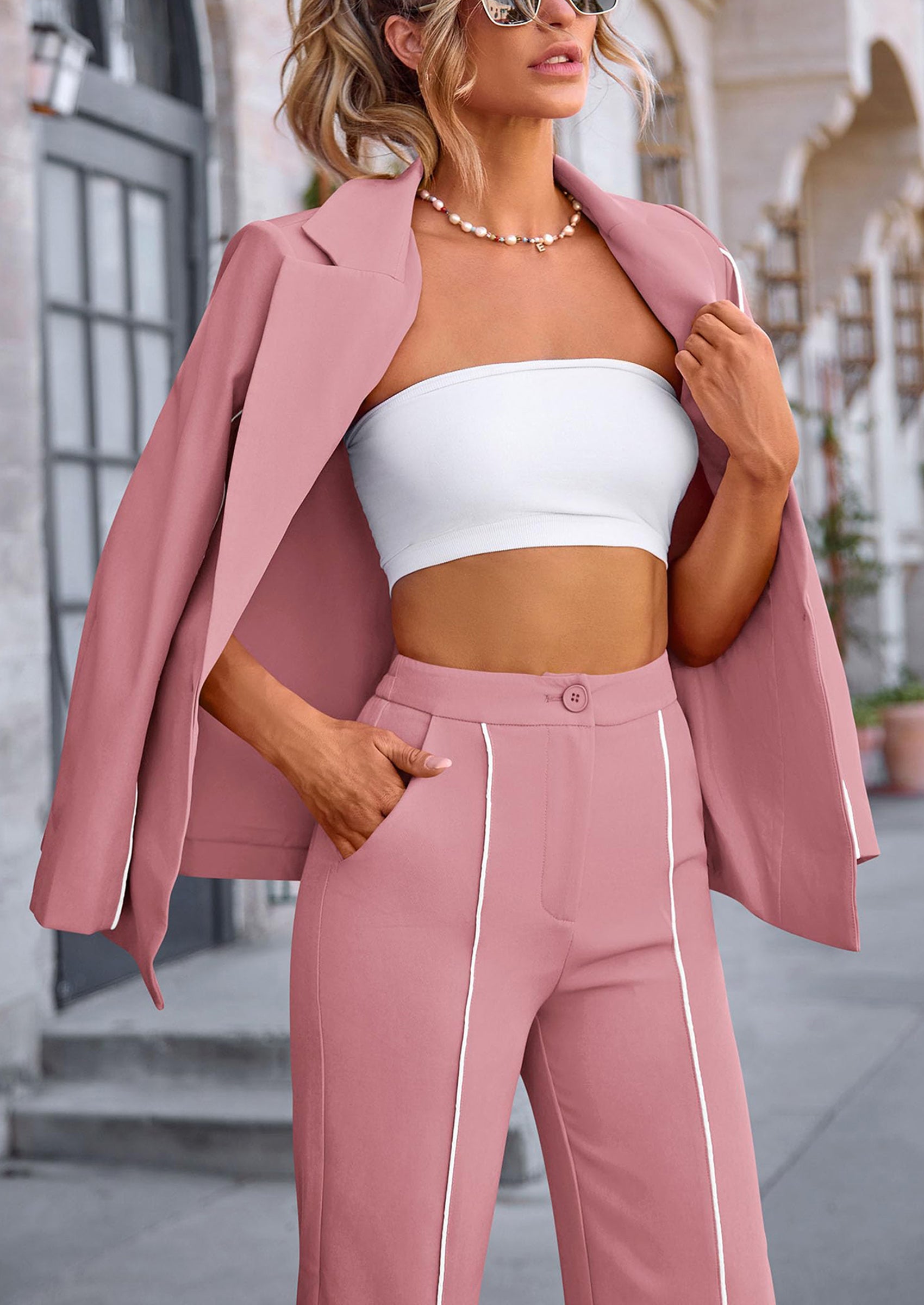Chichi 2 Piece Blazer Outfits Business Casual Oversized Jacket Wide Leg Work Pants Dressy Suit Set Dark Green