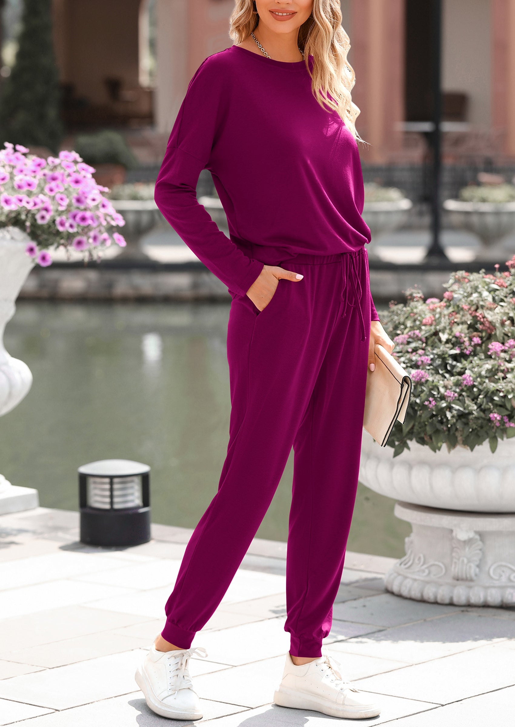 Chichi Lounge Outfit Long Sleeve Crewneck Pullover Tops High Waisted Pants Set Tracksuit Pink
