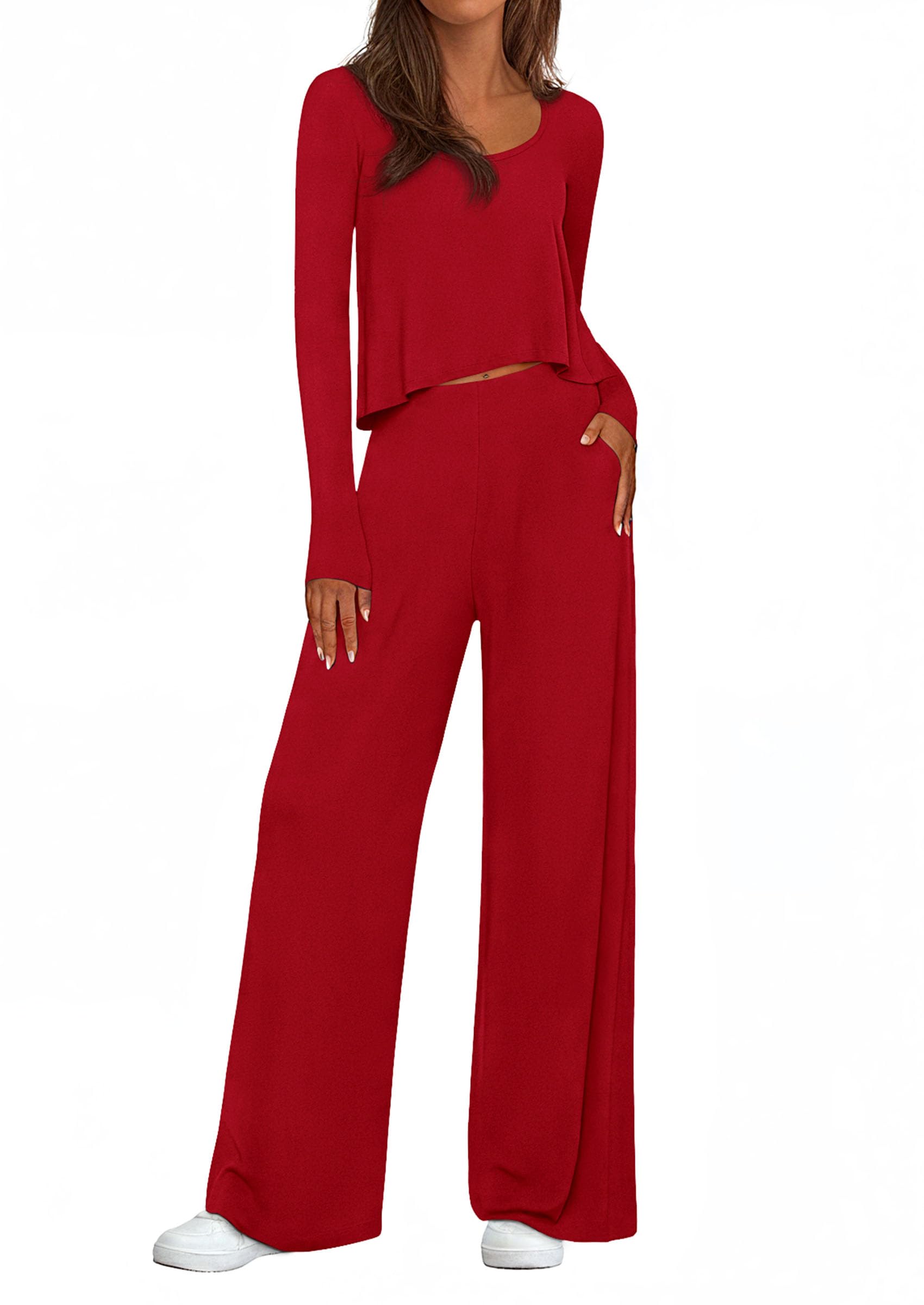 Chichi Women's 2 Piece Fall Sets Casual Long Sleeve Shirts Wide Leg Pants Lounge Travel Outfits Fashion Clothing Red