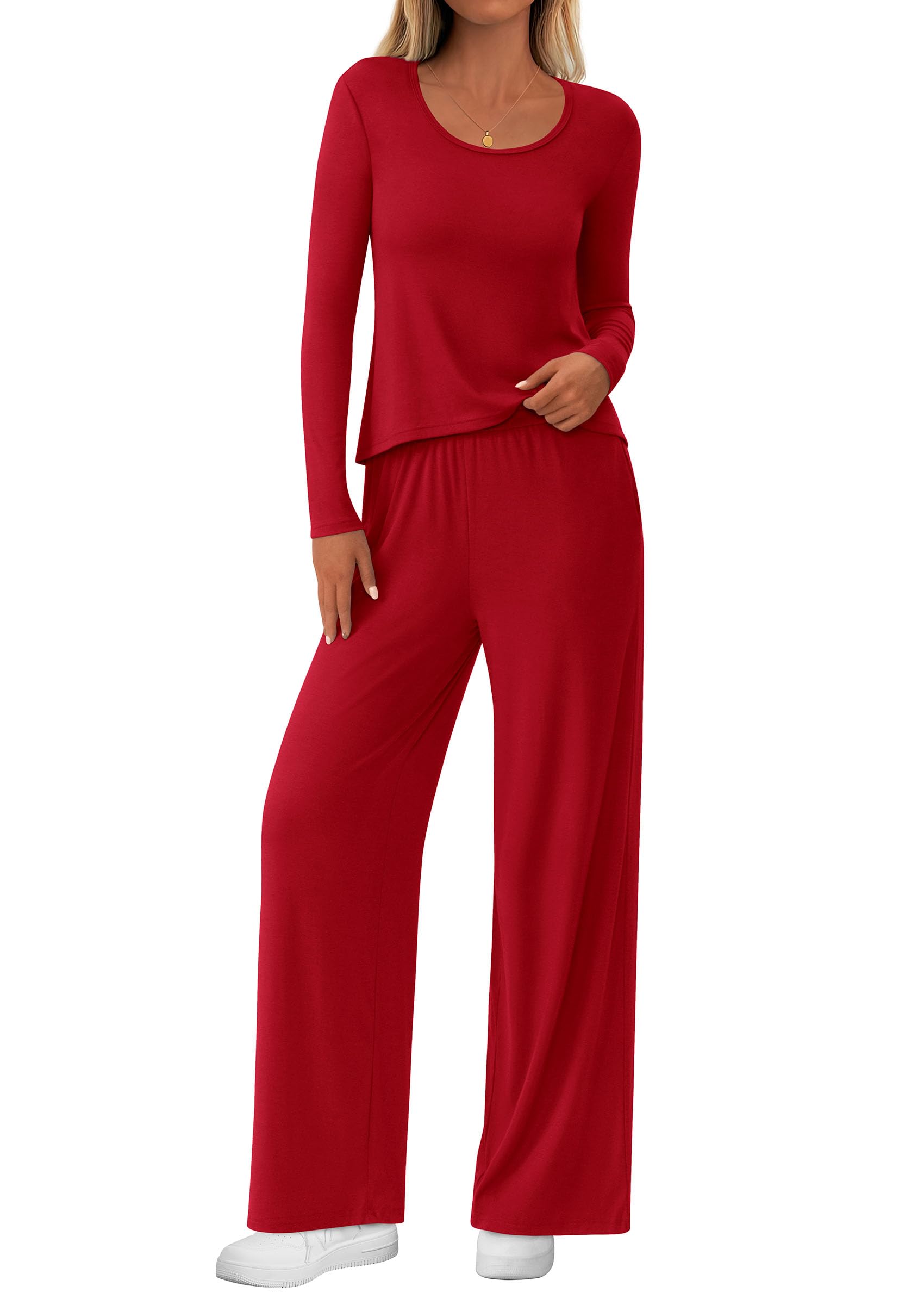 Chichi Women's 2 Piece Fall Sets Casual Long Sleeve Shirts Wide Leg Pants Lounge Travel Outfits Fashion Clothing Red