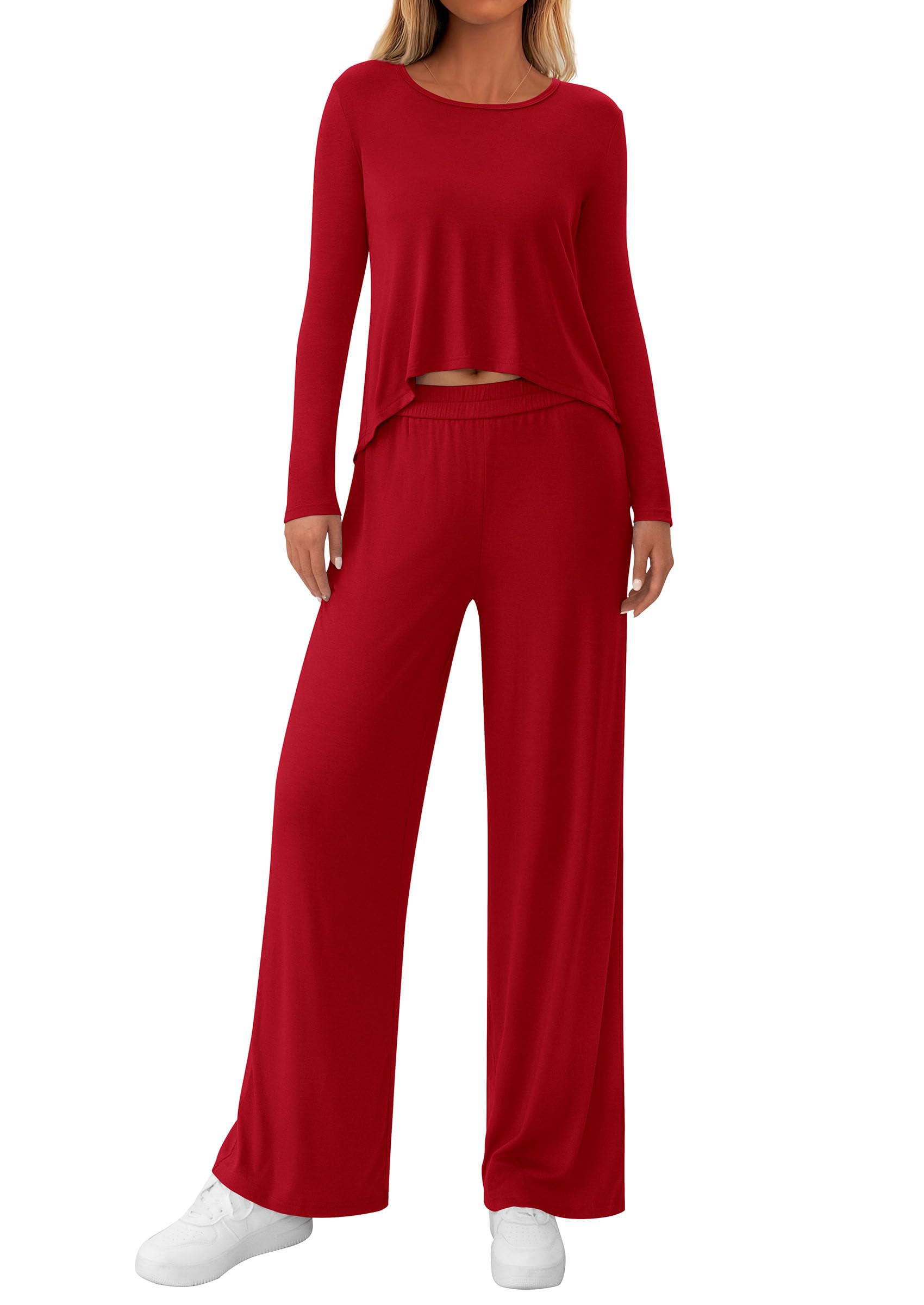 Chichi Women's 2 Piece Fall Sets Casual Long Sleeve Shirts Wide Leg Pants Lounge Travel Outfits Fashion Clothing Red