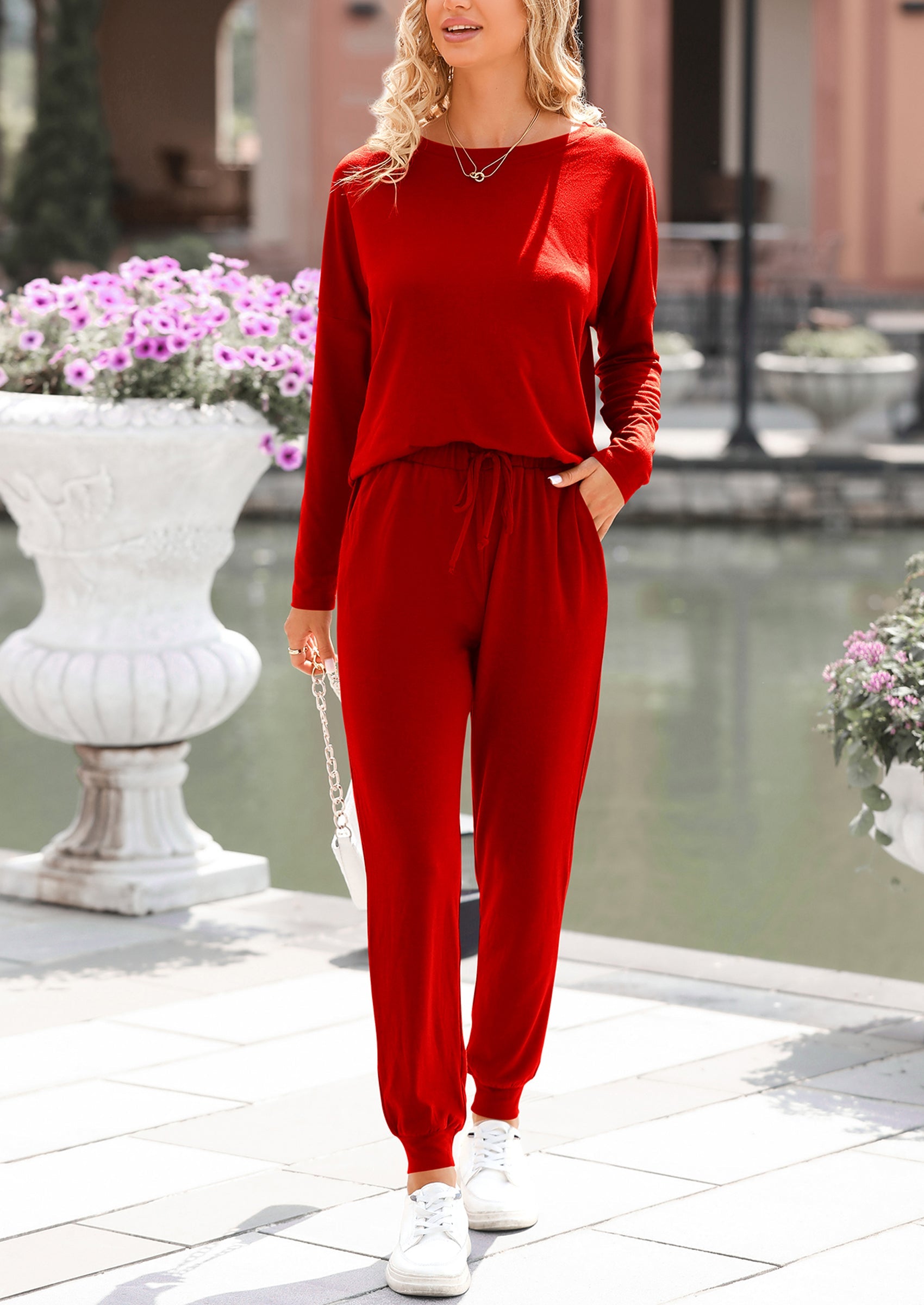 Chichi Lounge Outfit Long Sleeve Crewneck Pullover Tops High Waisted Pants Set Tracksuit Red