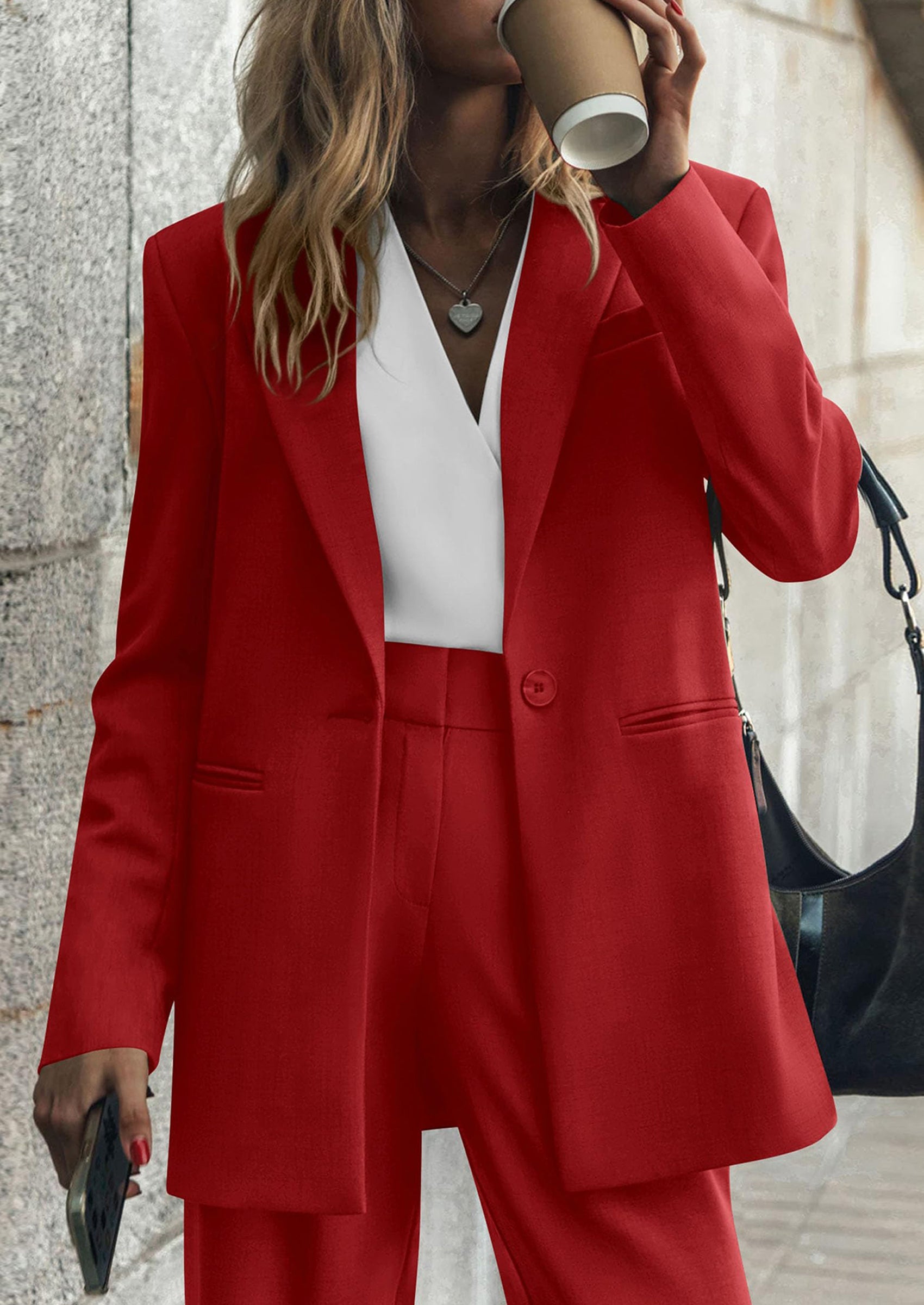 Chichi Women's Fall Two Piece Outfits Dressy Blazer Jacket and Wide Leg Pants Pockets Business Casual Office Suit Sets Red