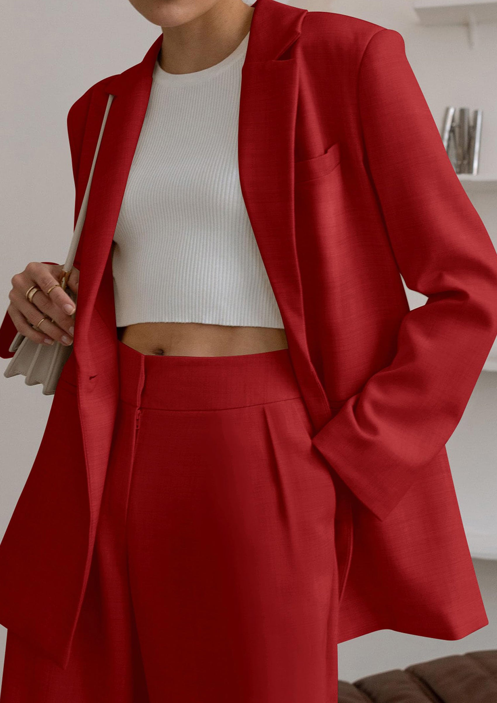 Chichi Women's Fall Two Piece Outfits Dressy Blazer Jacket and Wide Leg Pants Pockets Business Casual Office Suit Sets Red