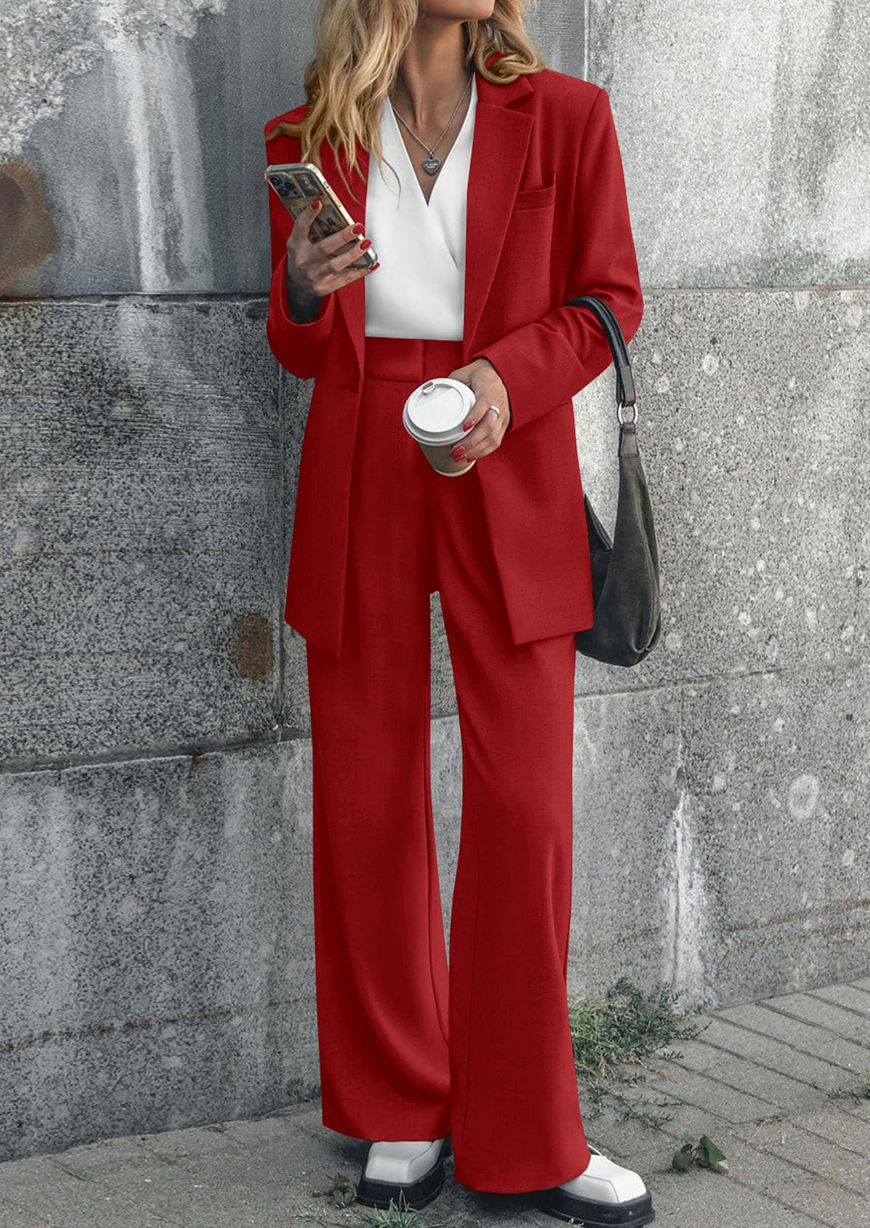 Chichi Women's Fall Two Piece Outfits Dressy Blazer Jacket and Wide Leg Pants Pockets Business Casual Office Suit Sets Red