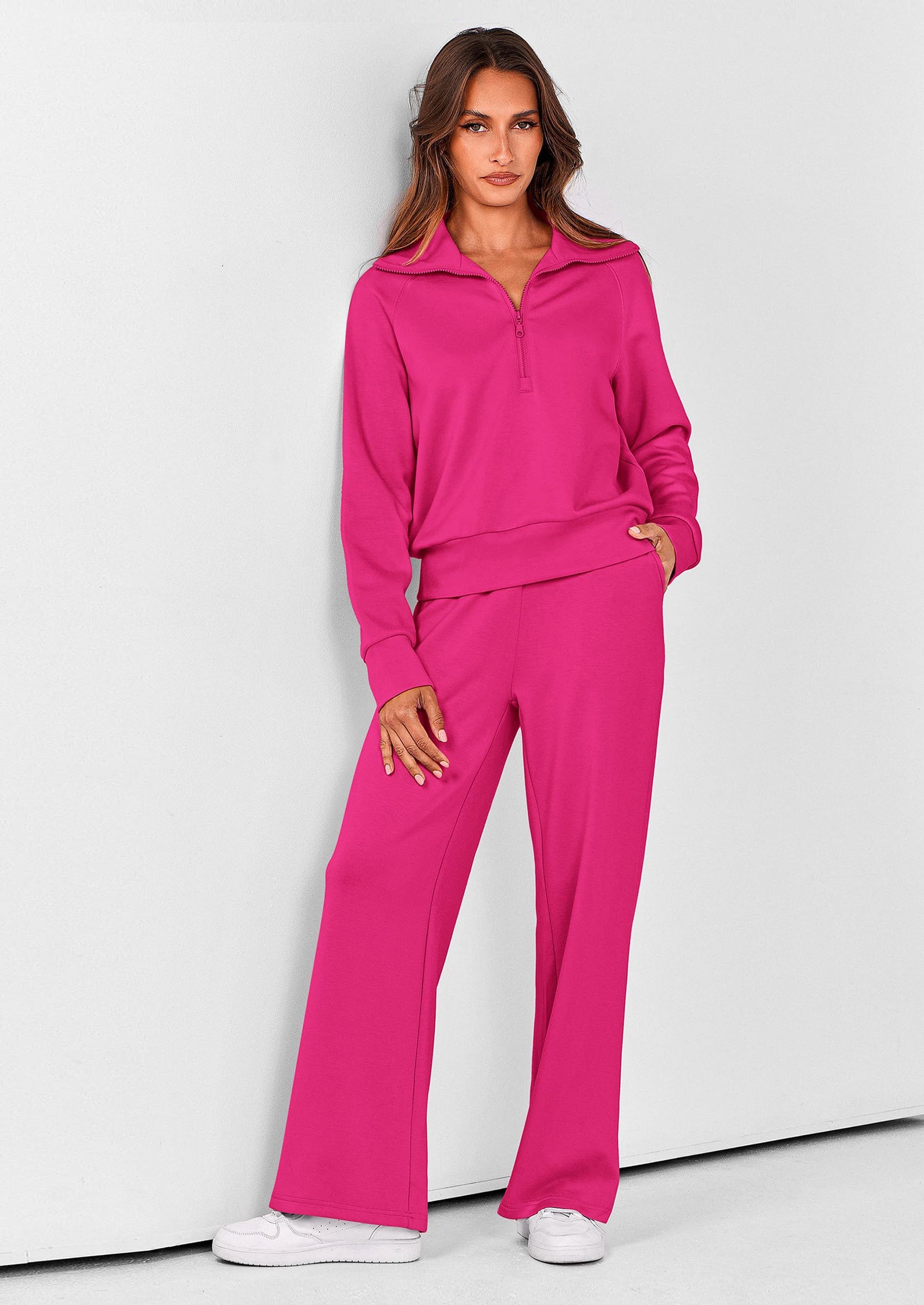 Chichi Women's 2 Piece Outfits Casual Lapel Half Zip Sweatshirts And Wide Leg Pants Tracksuit Sets Rose Red
