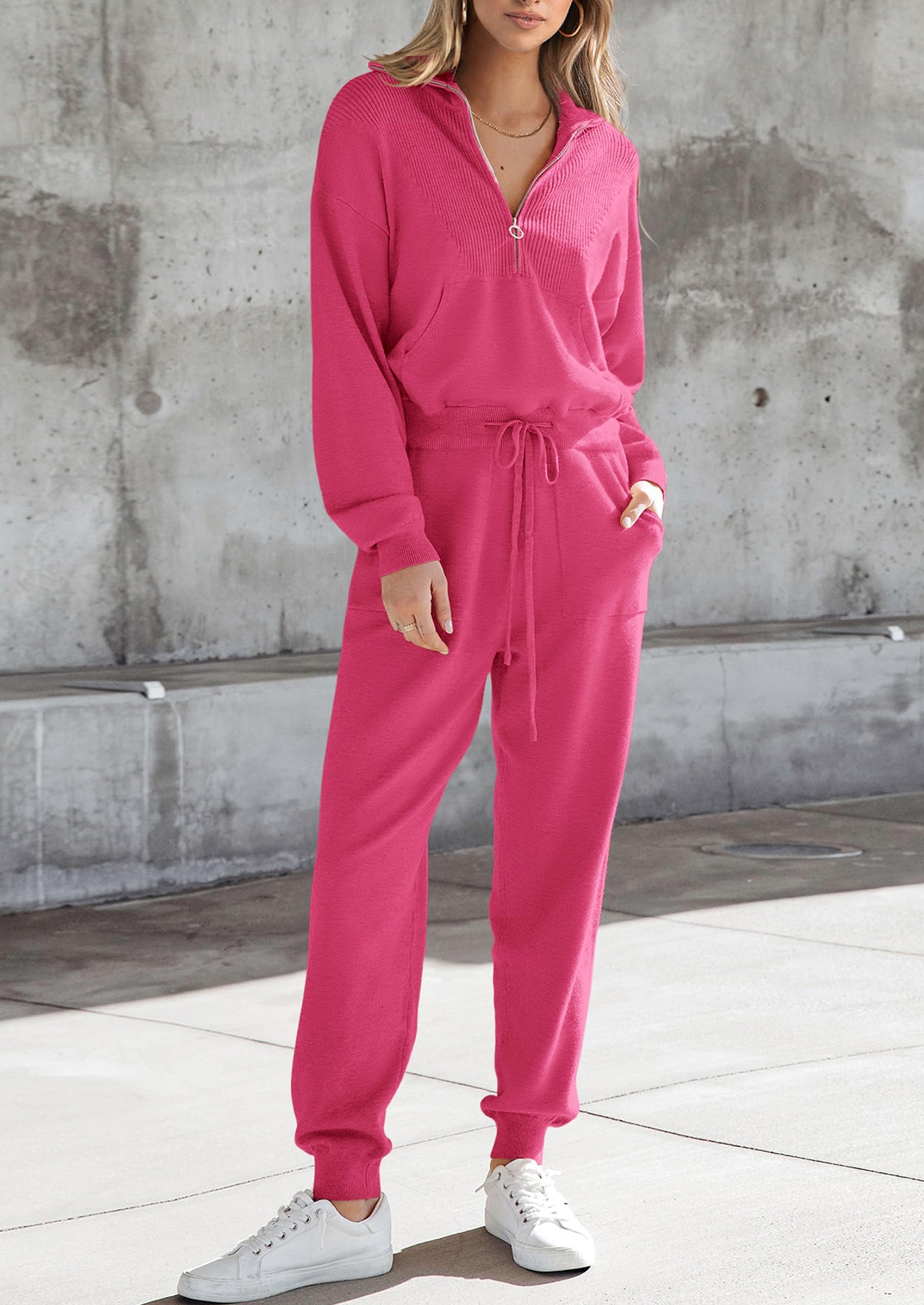 Chichi Women's 2 Piece Sweater Set Pullover Zip Up Sweatshirt Jogger Sweatpants Tracksuit Casual Outfit Rose Red